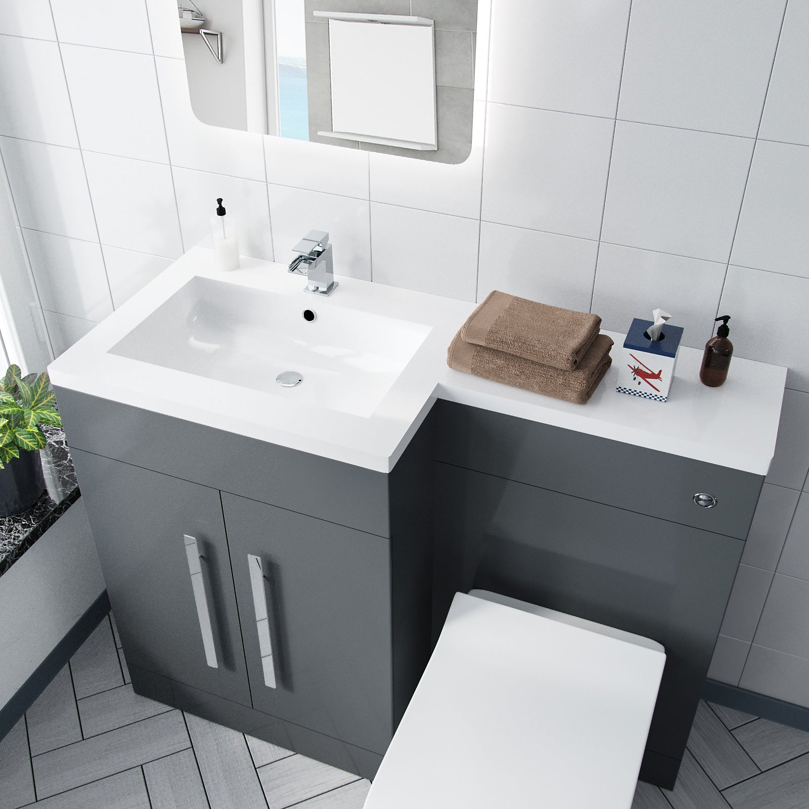 Aric 1100mm Vanity Basin Unit, WC Unit & Welbourne Back To Wall Toilet Grey