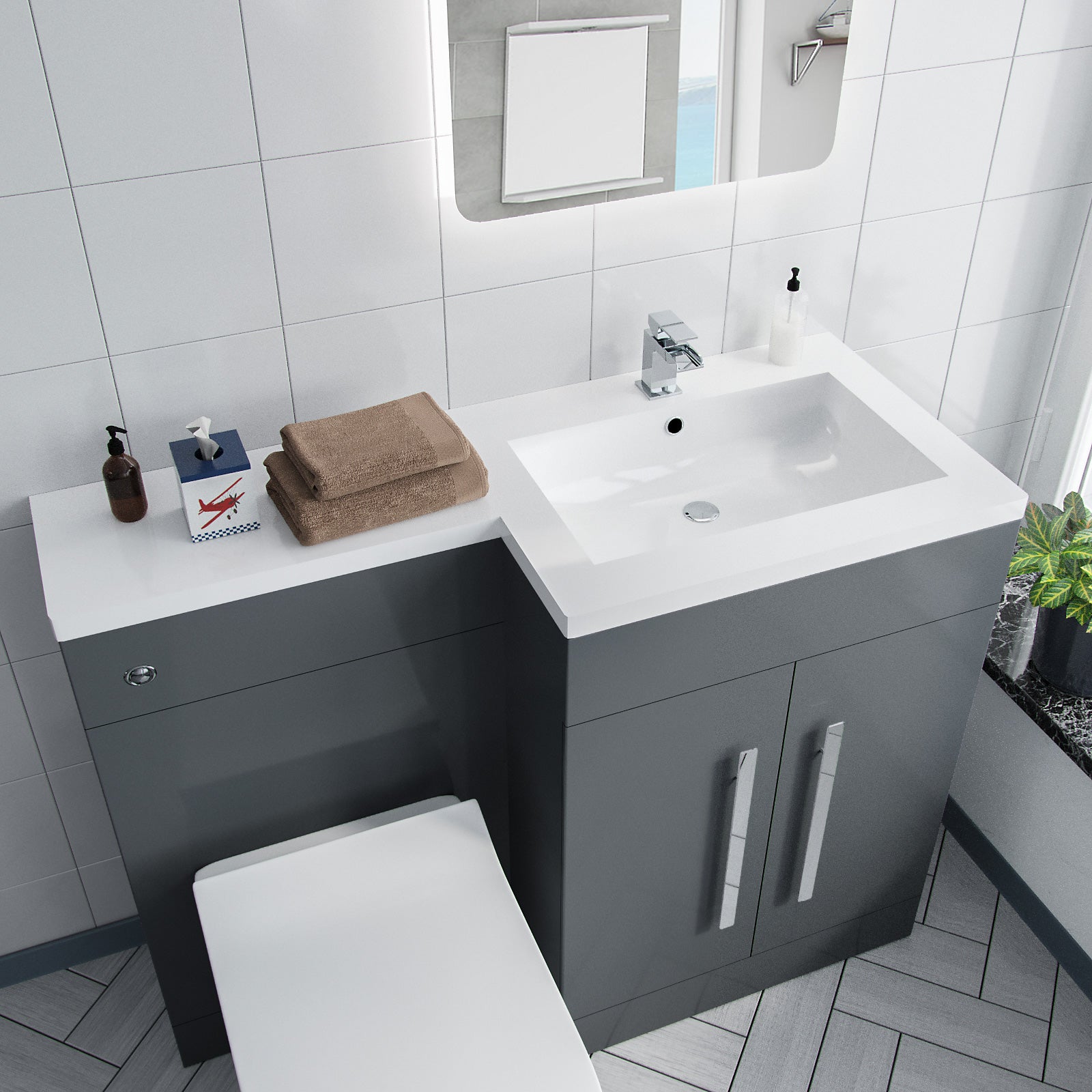 Aric 1100mm RH Freestanding Grey Vanity with BTW Rimless Toilet, WC & Basin