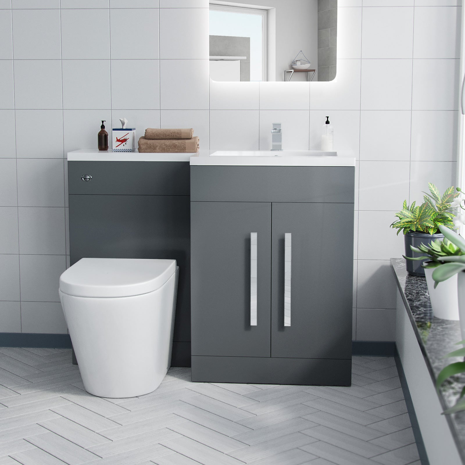 Aric 1100mm RH Freestanding Grey Vanity with BTW Rimless Toilet, WC & Basin