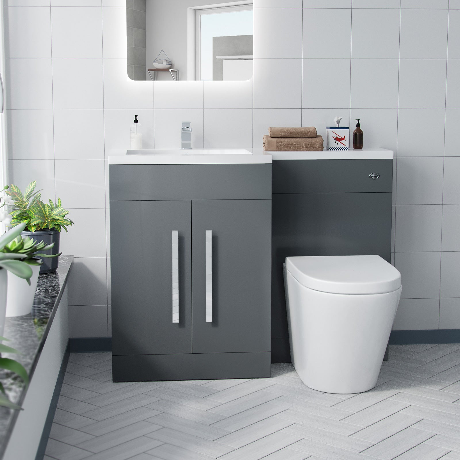 Aric 1100mm LH Freestanding Grey Vanity with BTW Rimless Toilet, WC & Basin