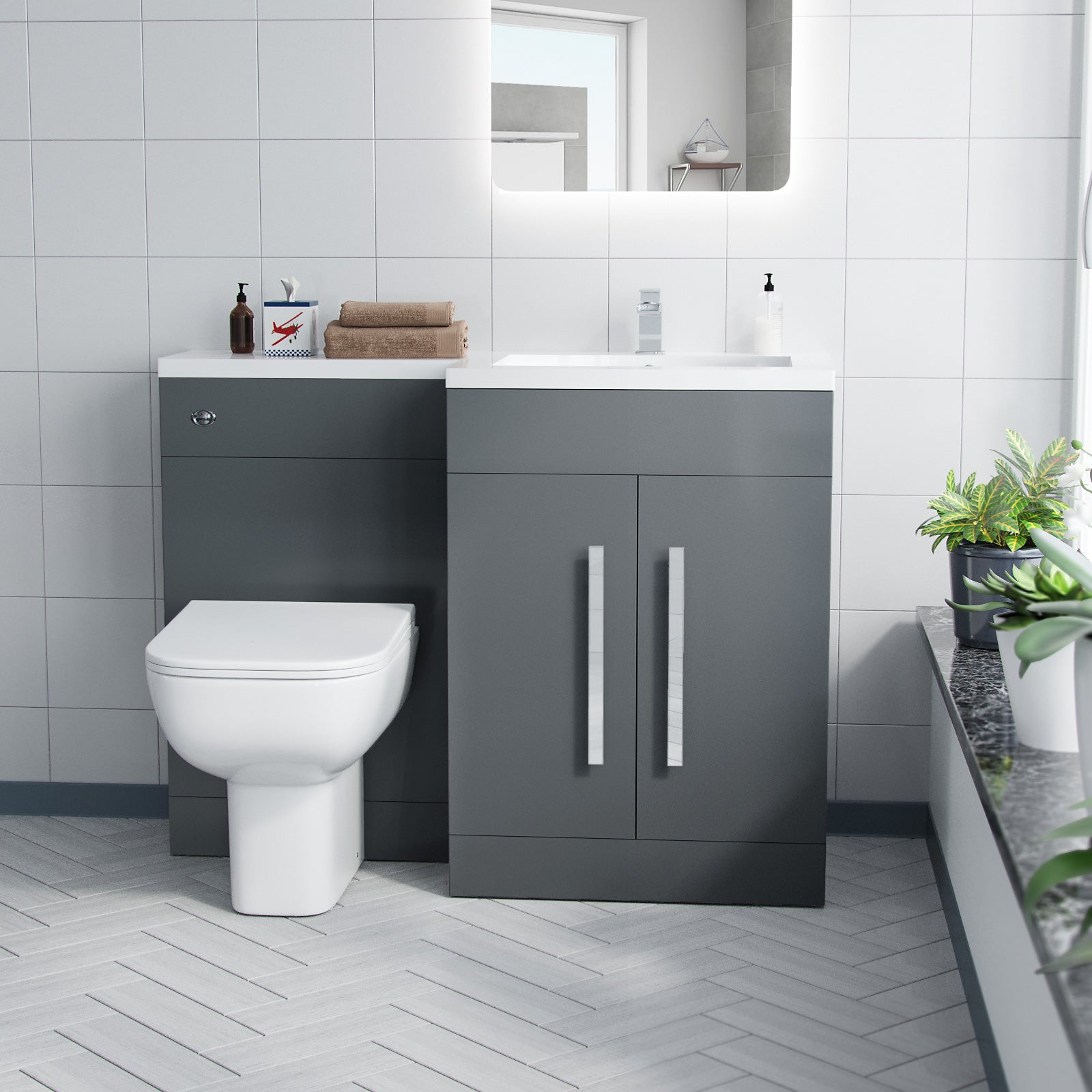 Aric 1100mm Vanity Basin Unit, WC Unit & Welbourne Back To Wall Toilet Grey