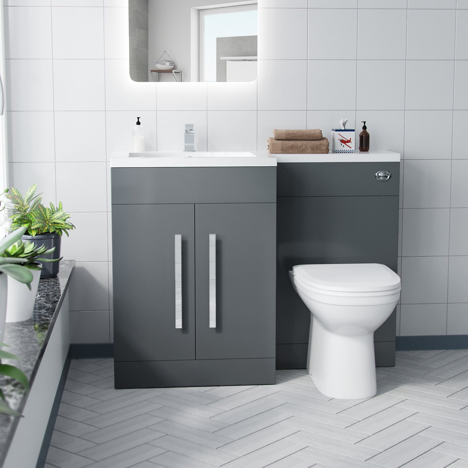 Aric 1100mm Vanity Basin Unit, WC Unit & Welbourne Back To Wall Toilet Grey