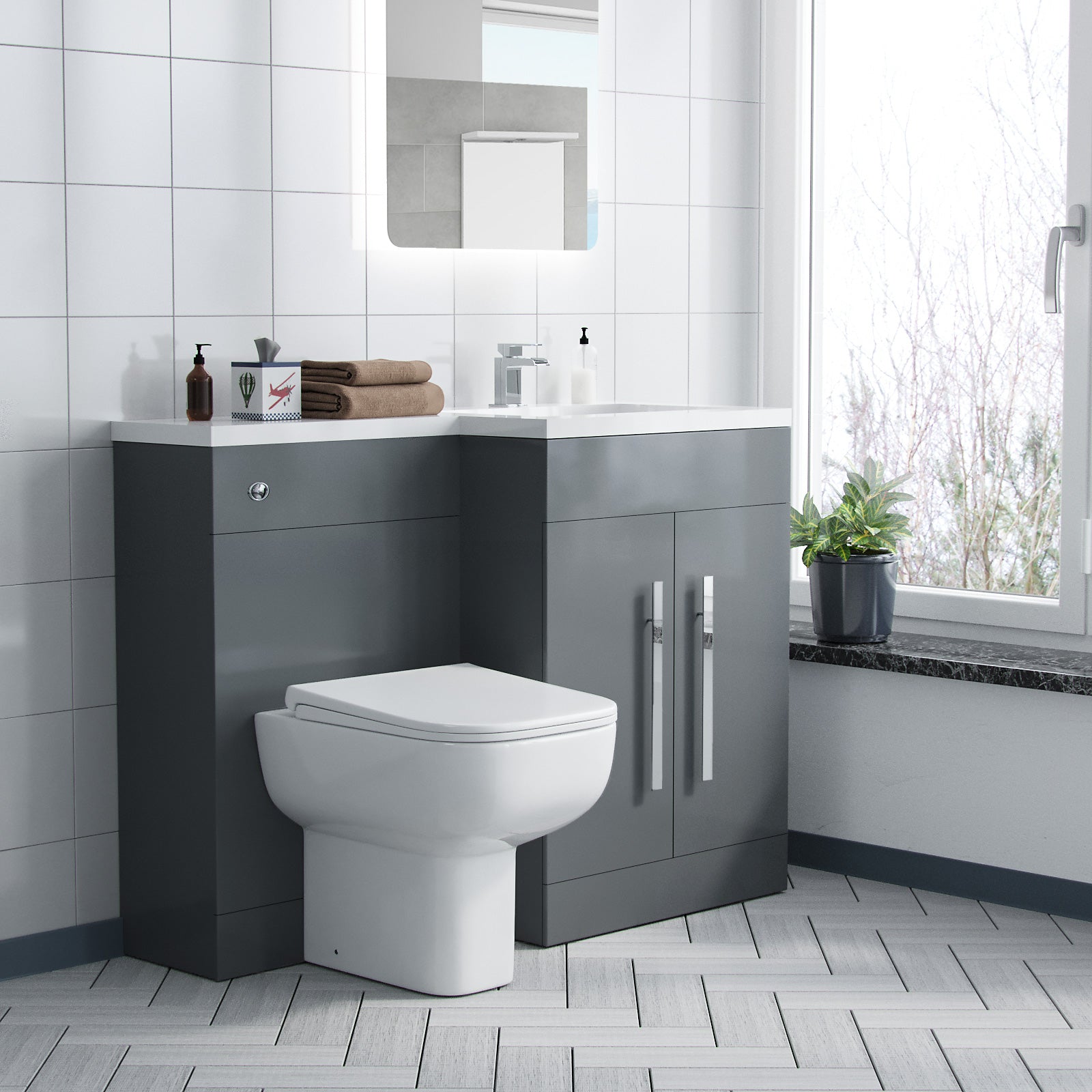 Aric 1100mm Vanity Basin Unit, WC Unit & Welbourne Back To Wall Toilet Grey