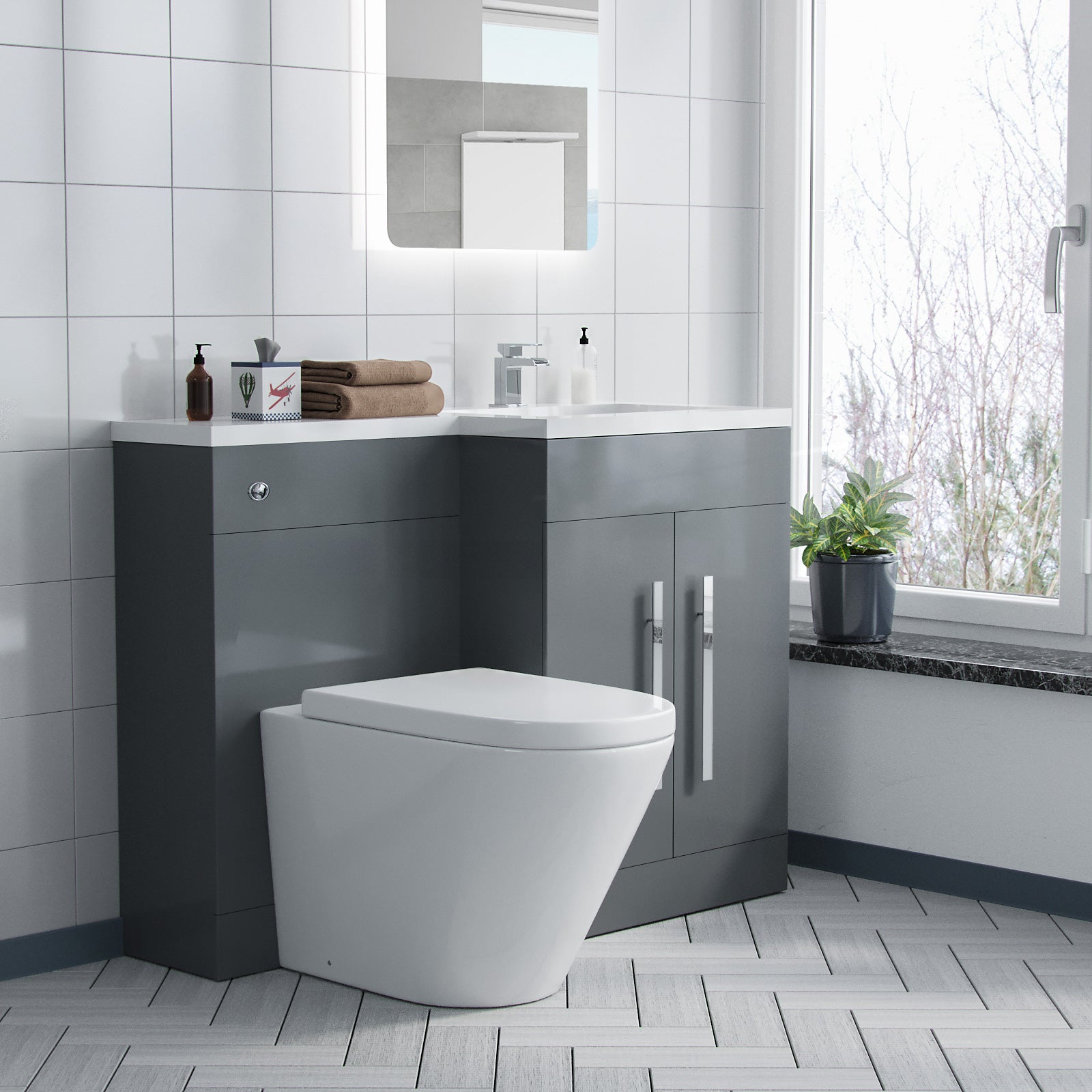 Aric 1100mm RH Freestanding Grey Vanity with BTW Rimless Toilet, WC & Basin