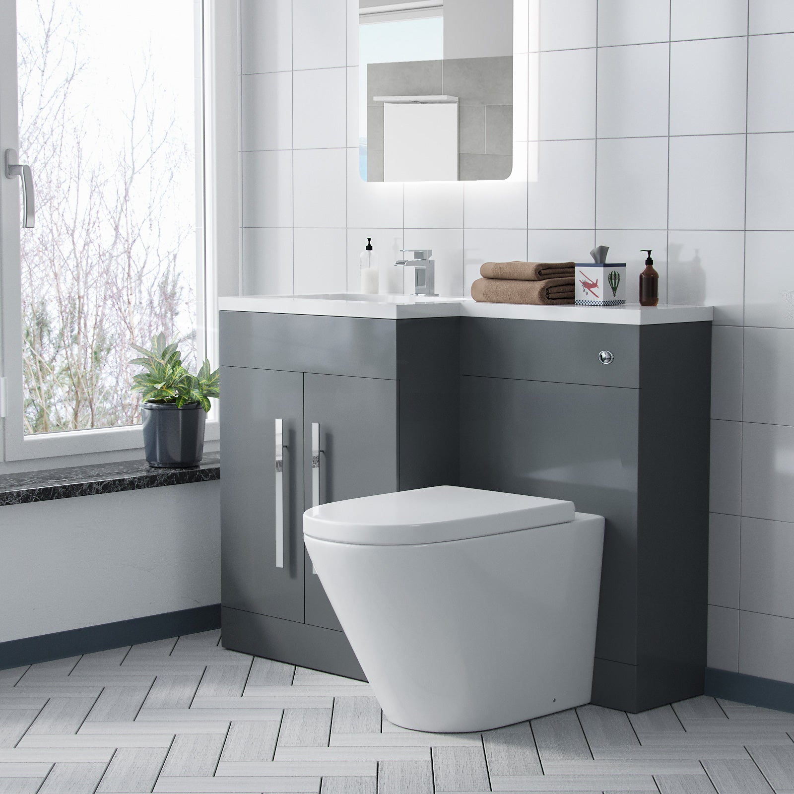 Aric 1100mm LH Freestanding Grey Vanity with BTW Rimless Toilet, WC & Basin