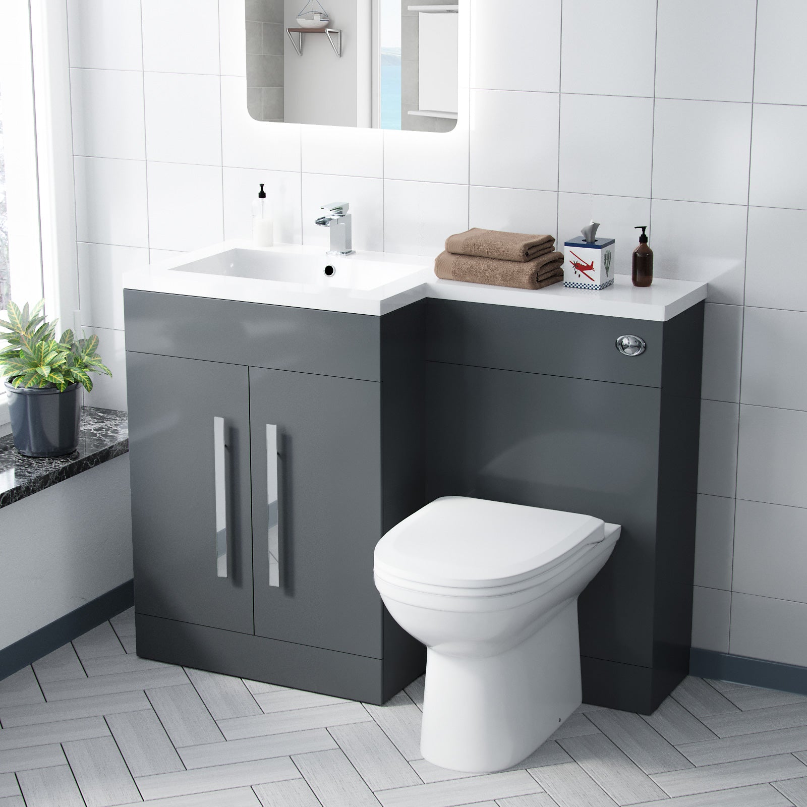 Aric 1100mm Vanity Basin Unit, WC Unit & Welbourne Back To Wall Toilet Grey