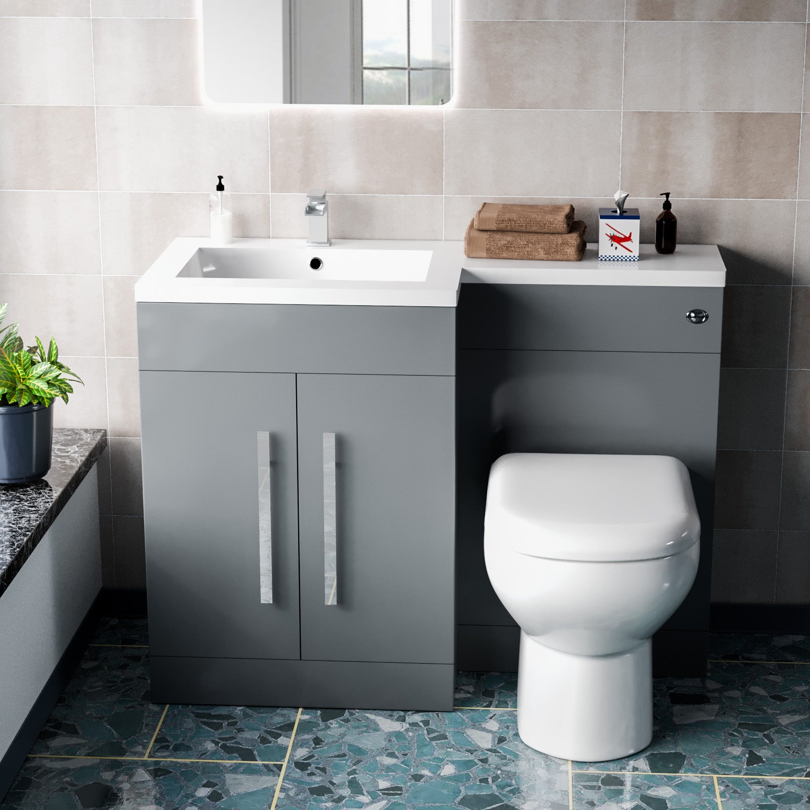 1100mm Freestanding Light Grey Vanity with BTW Toilet, WC & Basin