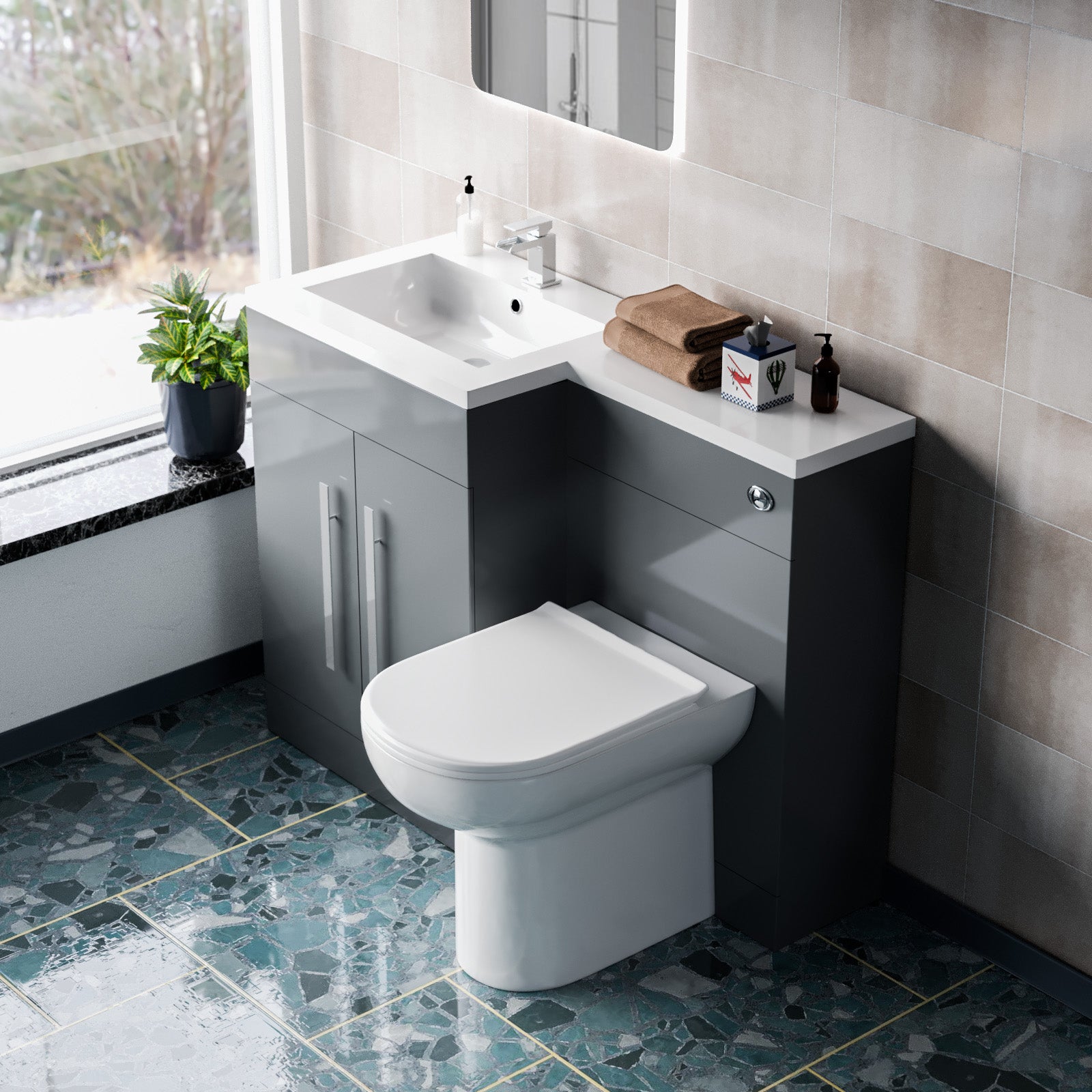 Bathroom setup with a gray vanity unit, white sink, and toilet.