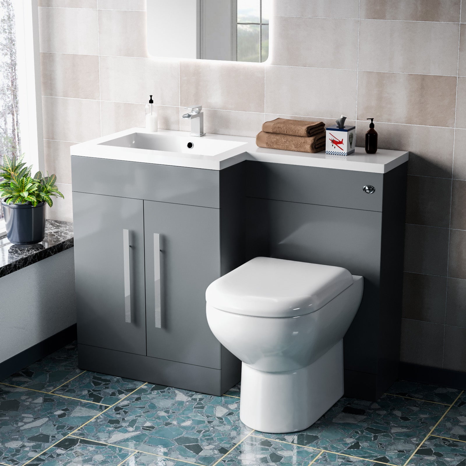 Aric 600mm Vanity Basin Unit, WC Unit & Desone Back To Wall Toilet Grey