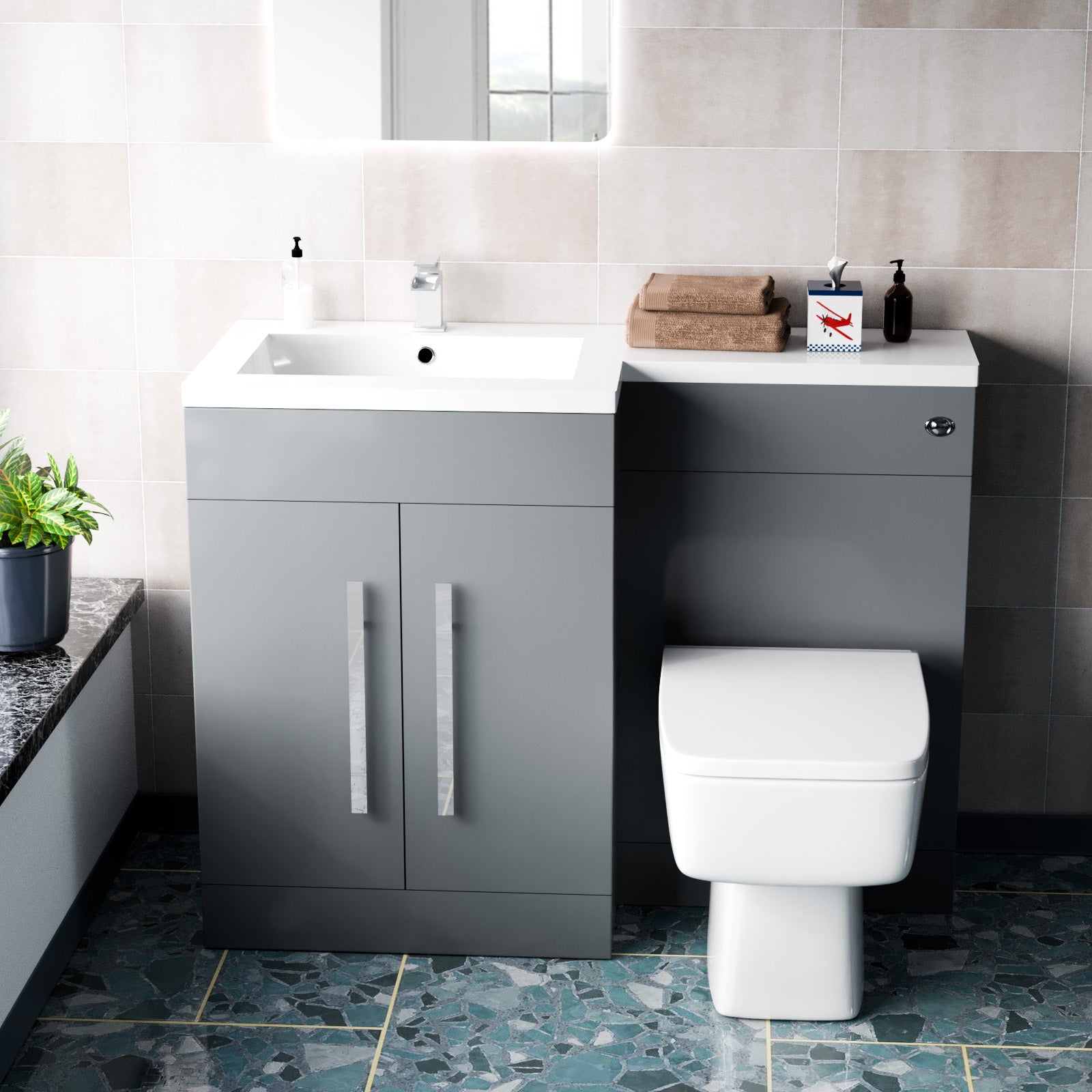 Aric 1100mm Freestanding Grey Basin Vanity Unit with WC Unit & BTW Toilet