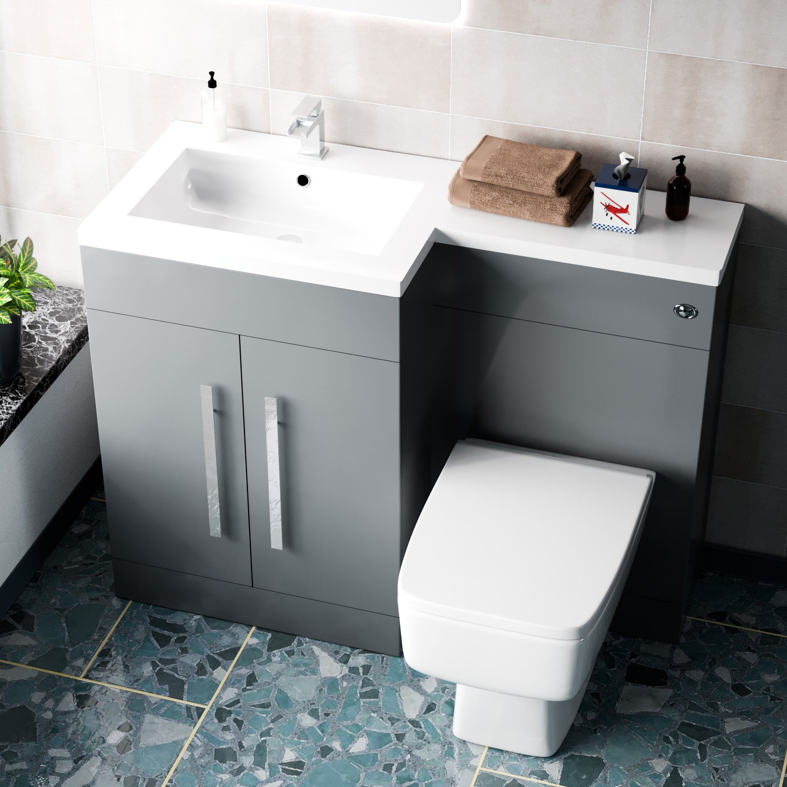 Aric 1100mm Freestanding Grey Basin Vanity Unit with WC Unit & BTW Toilet