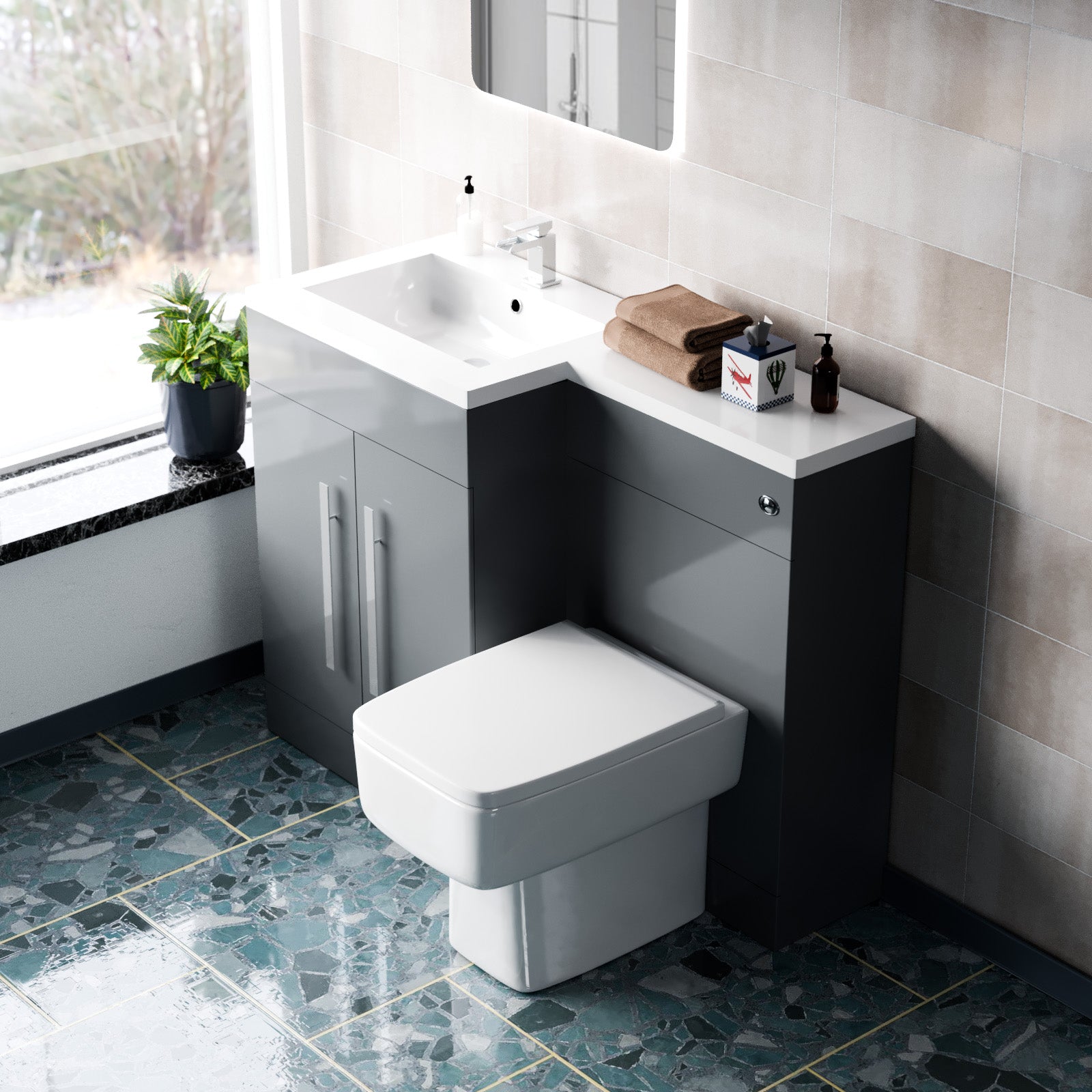 Aric 1100mm Freestanding Grey Basin Vanity Unit with WC Unit & BTW Toilet