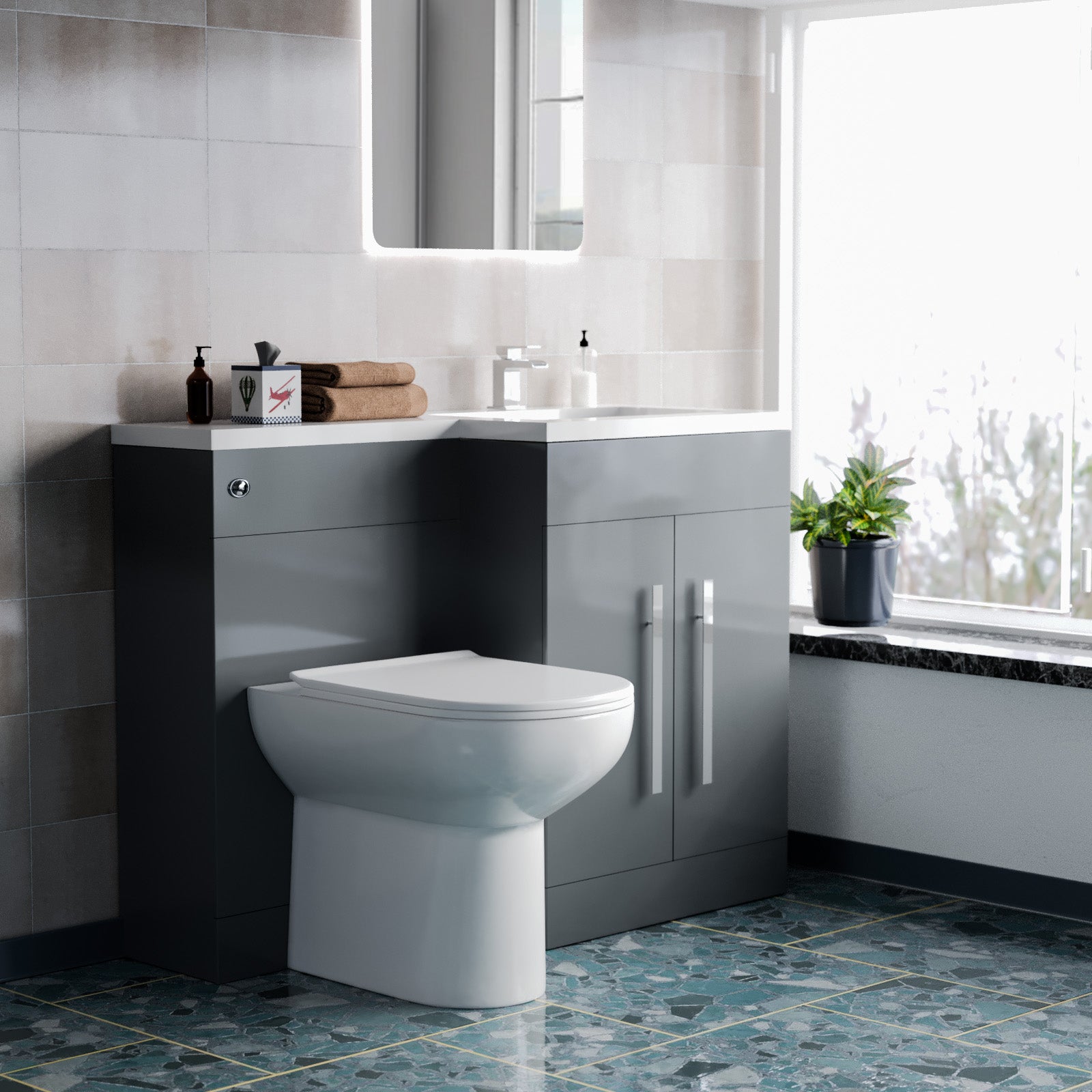 Modern bathroom with gray vanity, white toilet