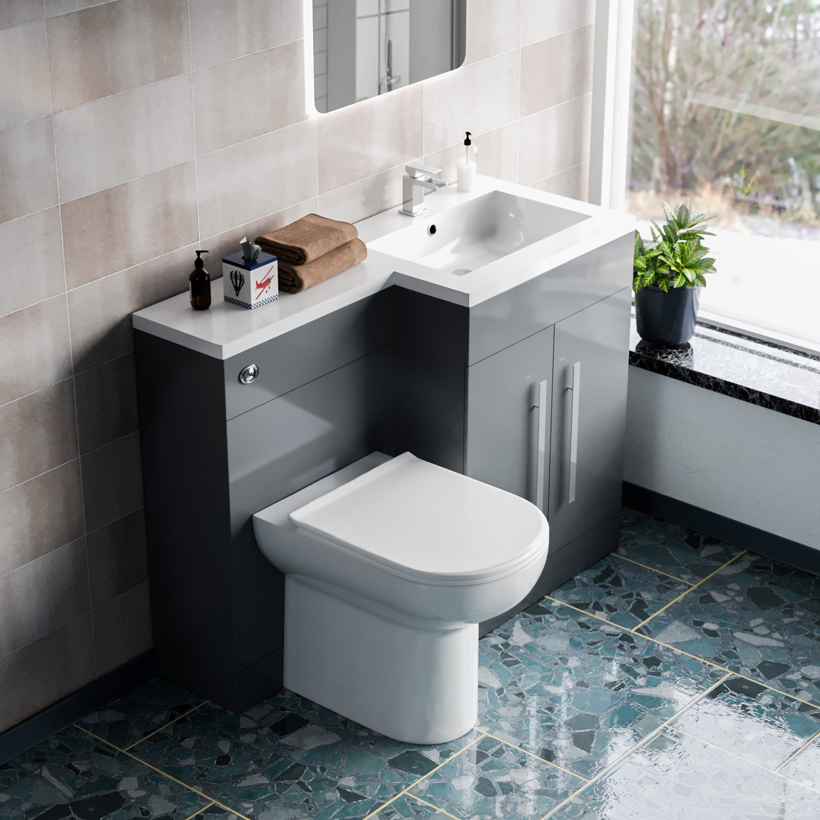 Bathroom with gray vanity, white toilet