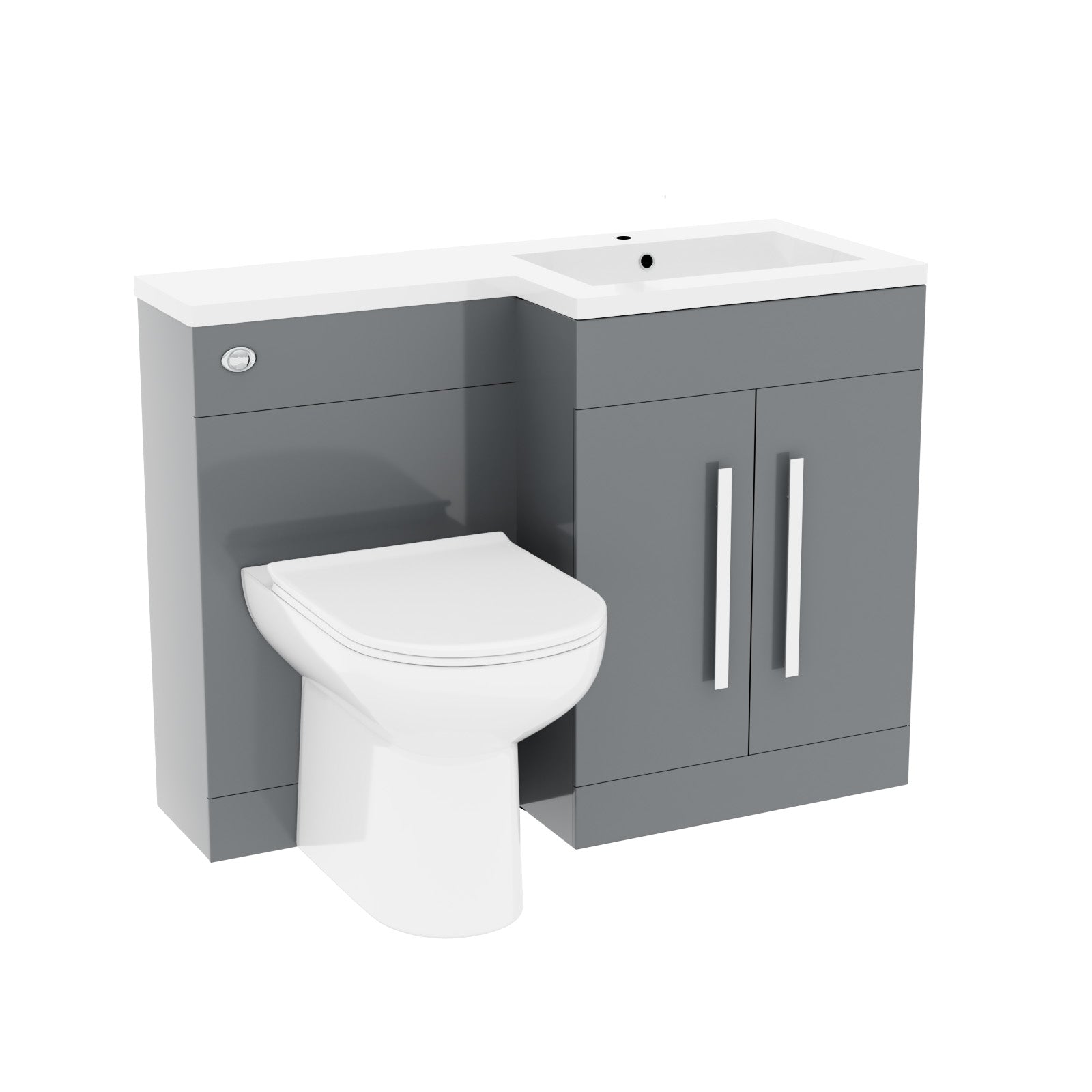 Gray bathroom vanity unit with white toilet and sink