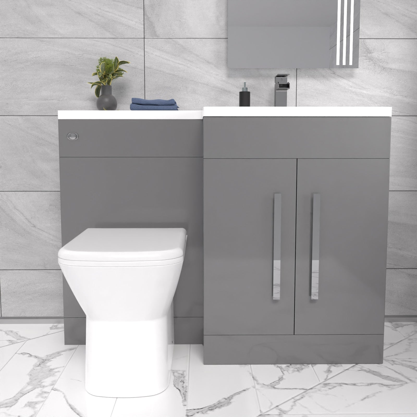 Aric RH 1100mm Vanity Basin Unit, WC Unit & Louis Back To Wall Toilet Grey