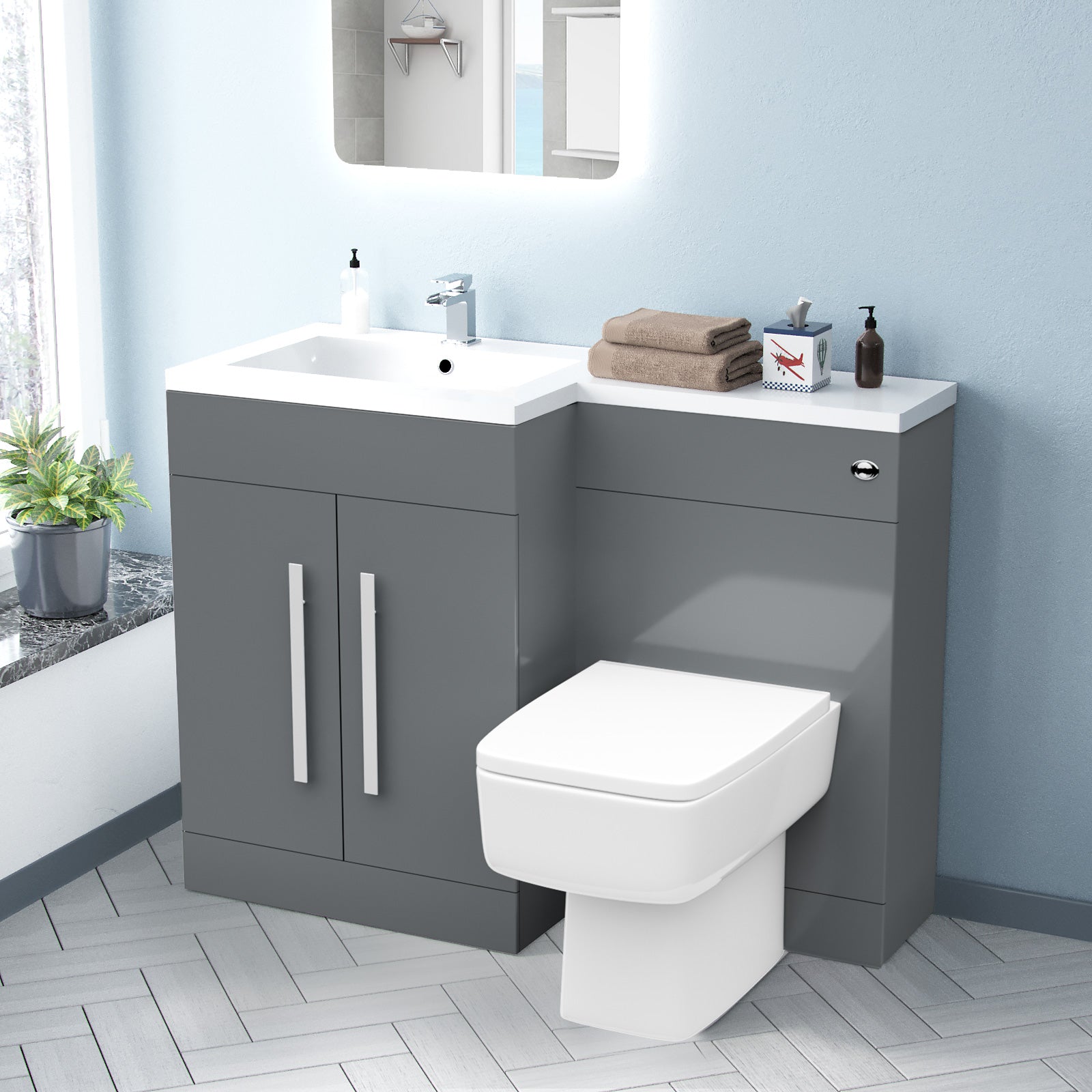 Aric 1100mm Freestanding Grey Basin Vanity Unit with WC Unit & BTW Toilet