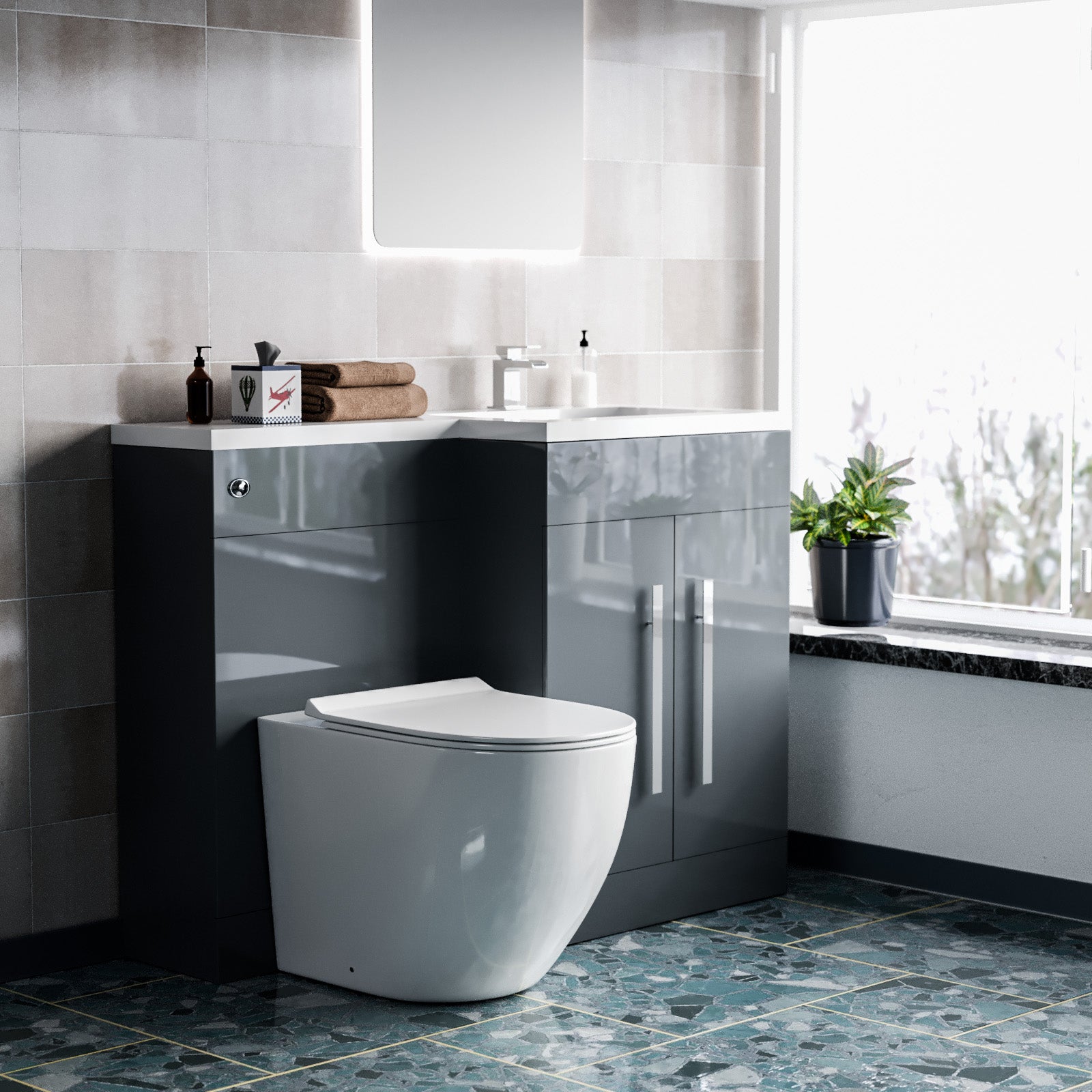 Aric 1100mm RH Rimless Round BTW Toilet, WC Unit & Resin Basin Grey