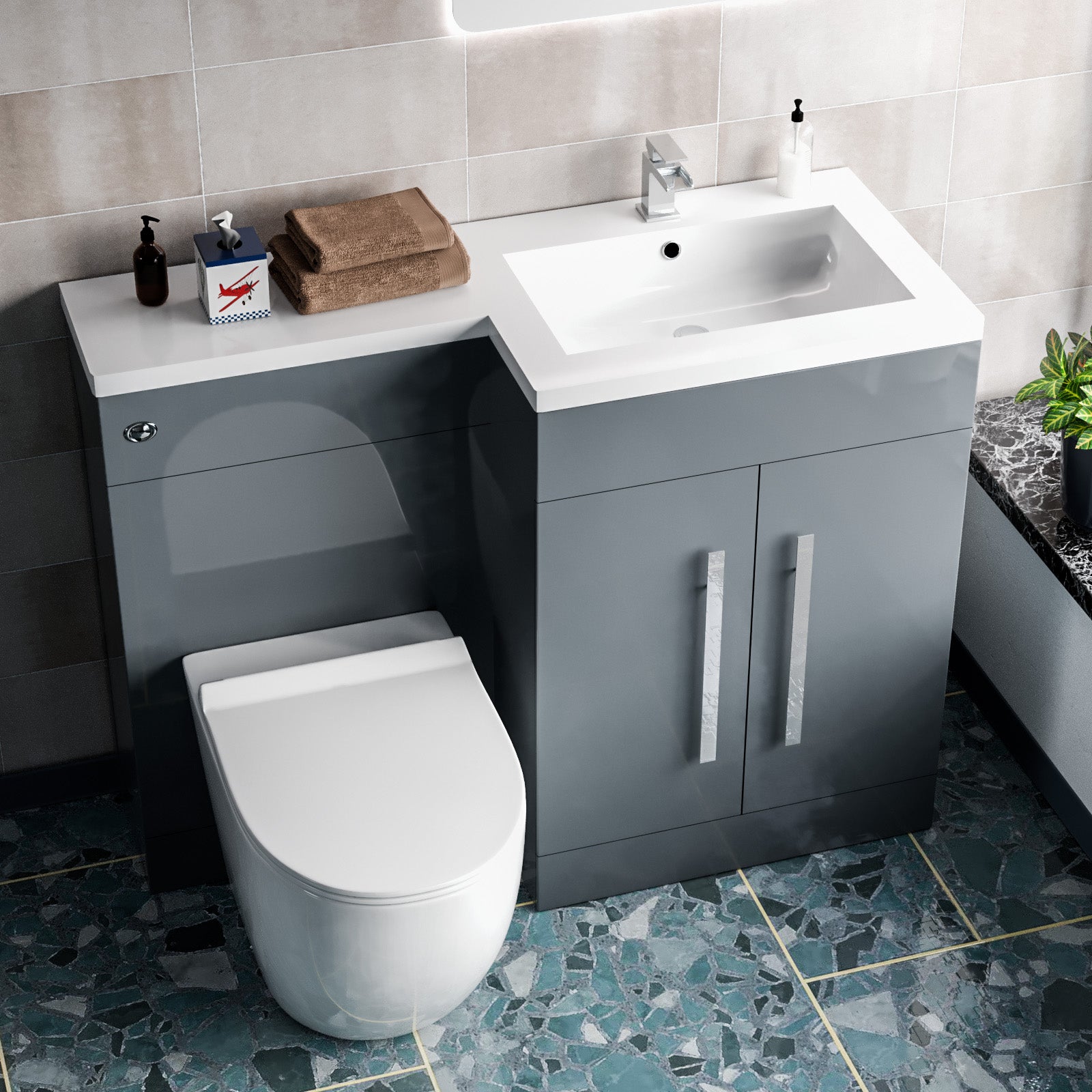 Aric 1100mm RH Rimless Round BTW Toilet, WC Unit & Resin Basin Grey