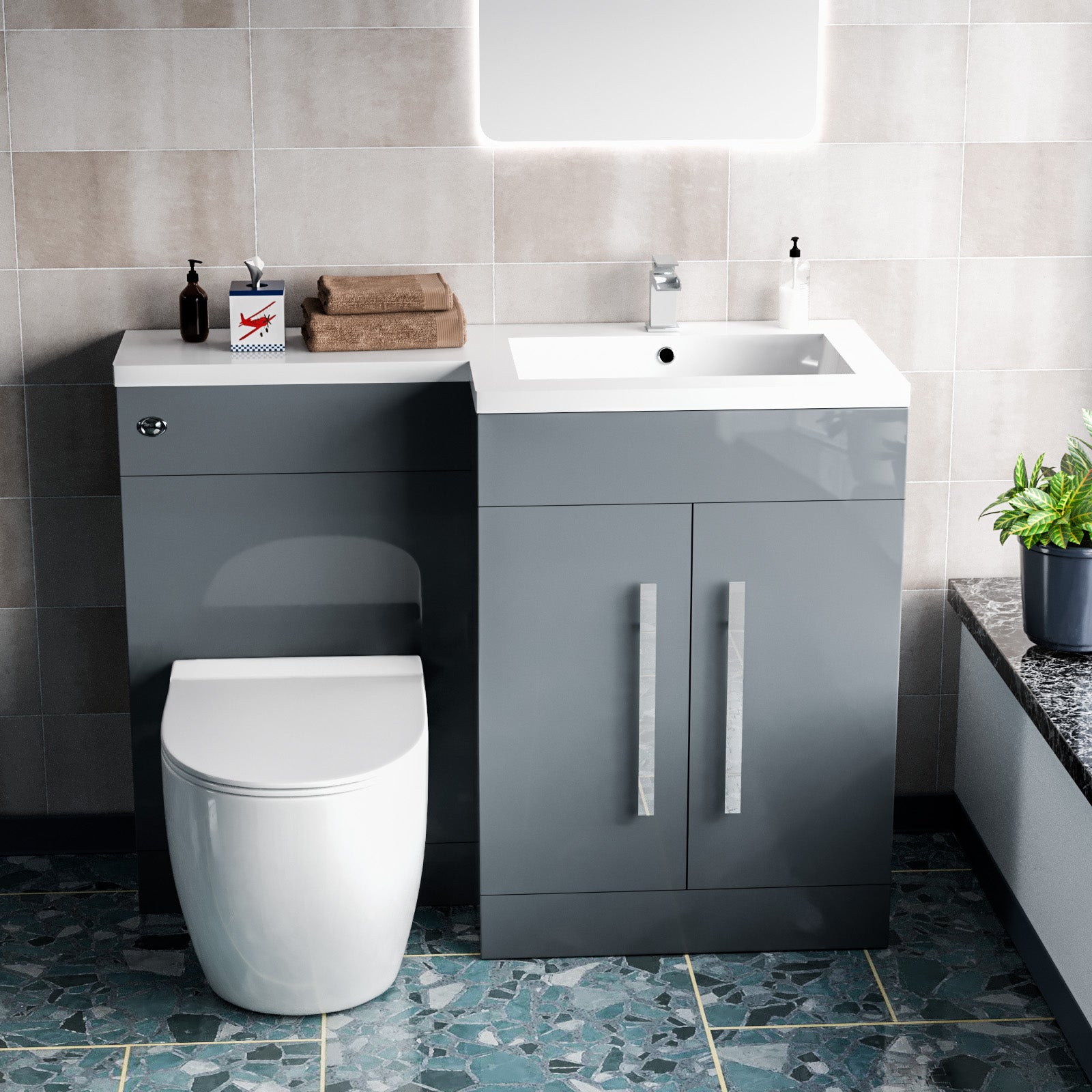 Aric 1100mm RH Rimless Round BTW Toilet, WC Unit & Resin Basin Grey