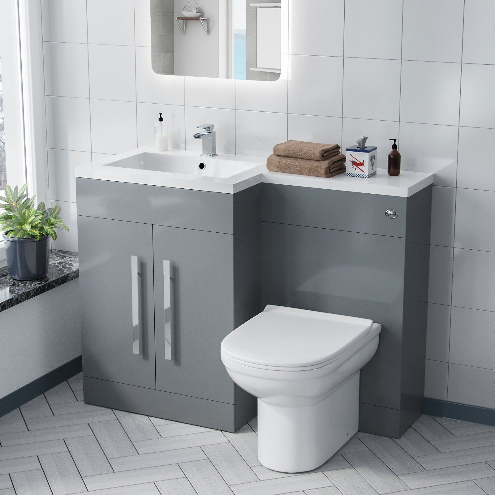 Aric RH 1100mm Flat Pack Vanity Basin Unit, WC Unit & Elso Back To Wall Toilet Grey