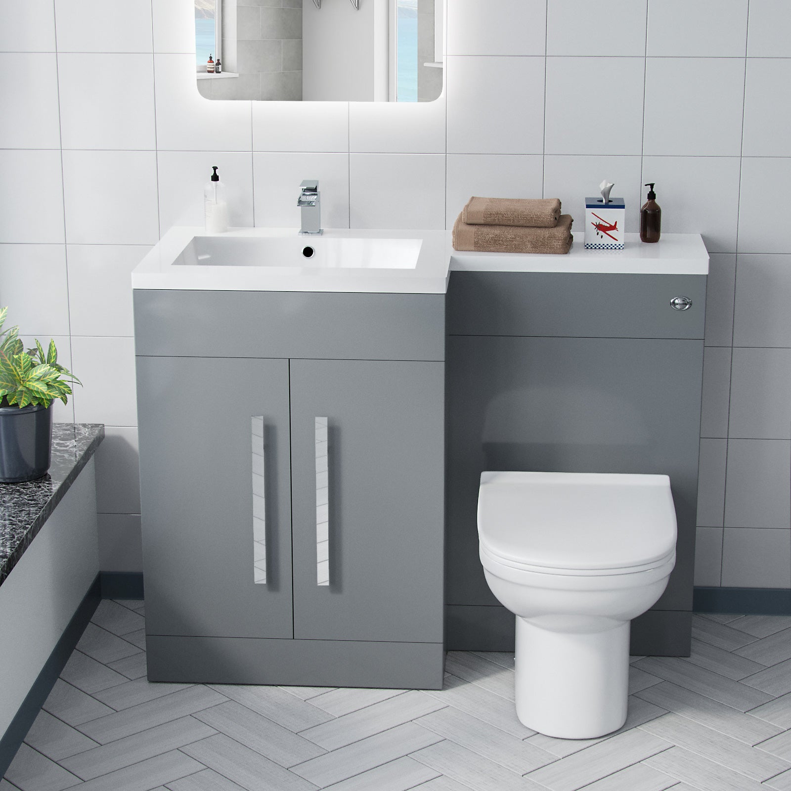 Aric RH 1100mm Flat Pack Vanity Basin Unit, WC Unit & Elso Back To Wall Toilet Grey