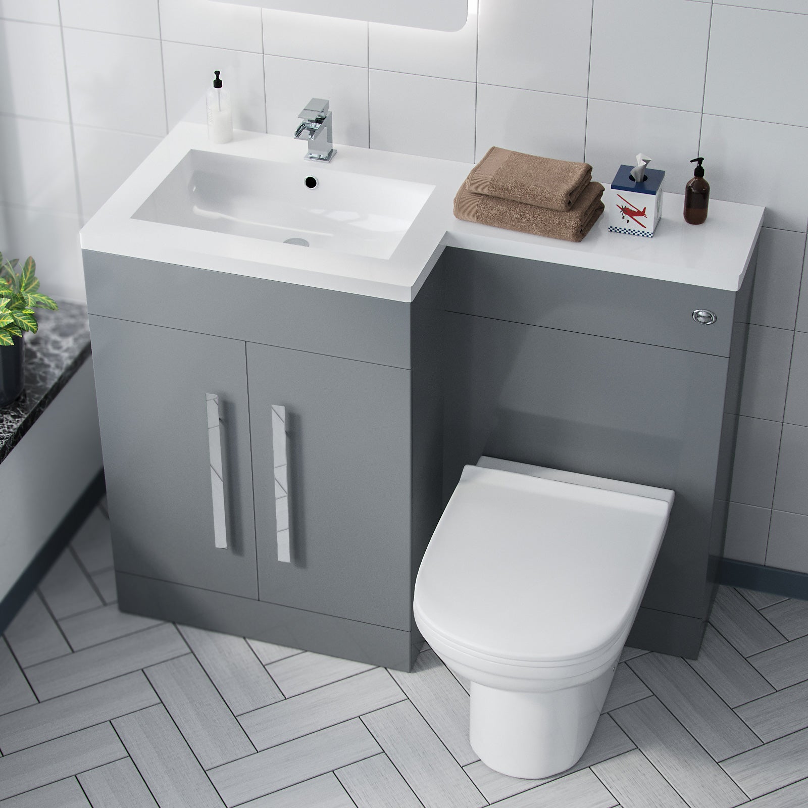 Aric RH 1100mm Flat Pack Vanity Basin Unit, WC Unit & Elso Back To Wall Toilet Grey