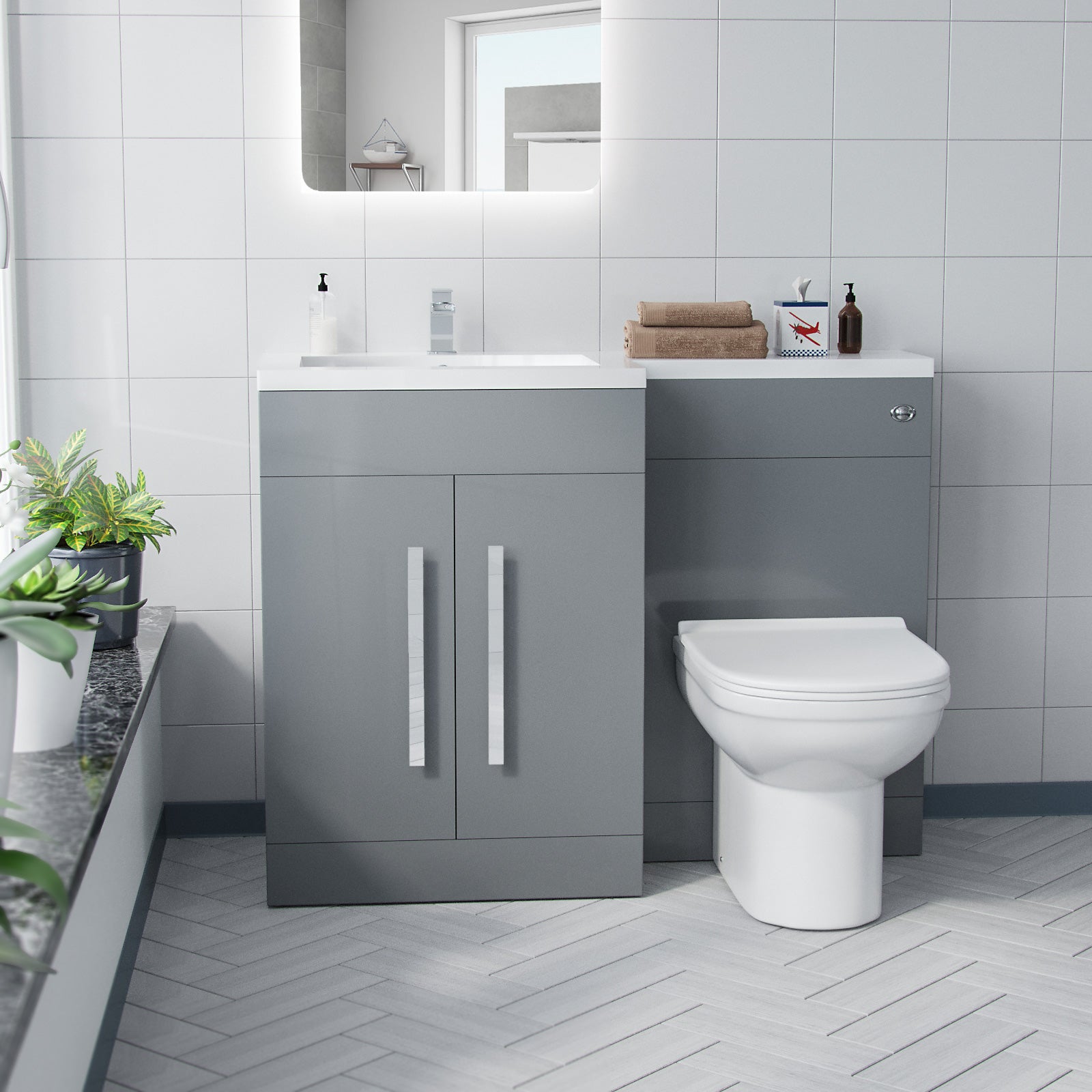 Aric RH 1100mm Flat Pack Vanity Basin Unit, WC Unit & Elso Back To Wall Toilet Grey