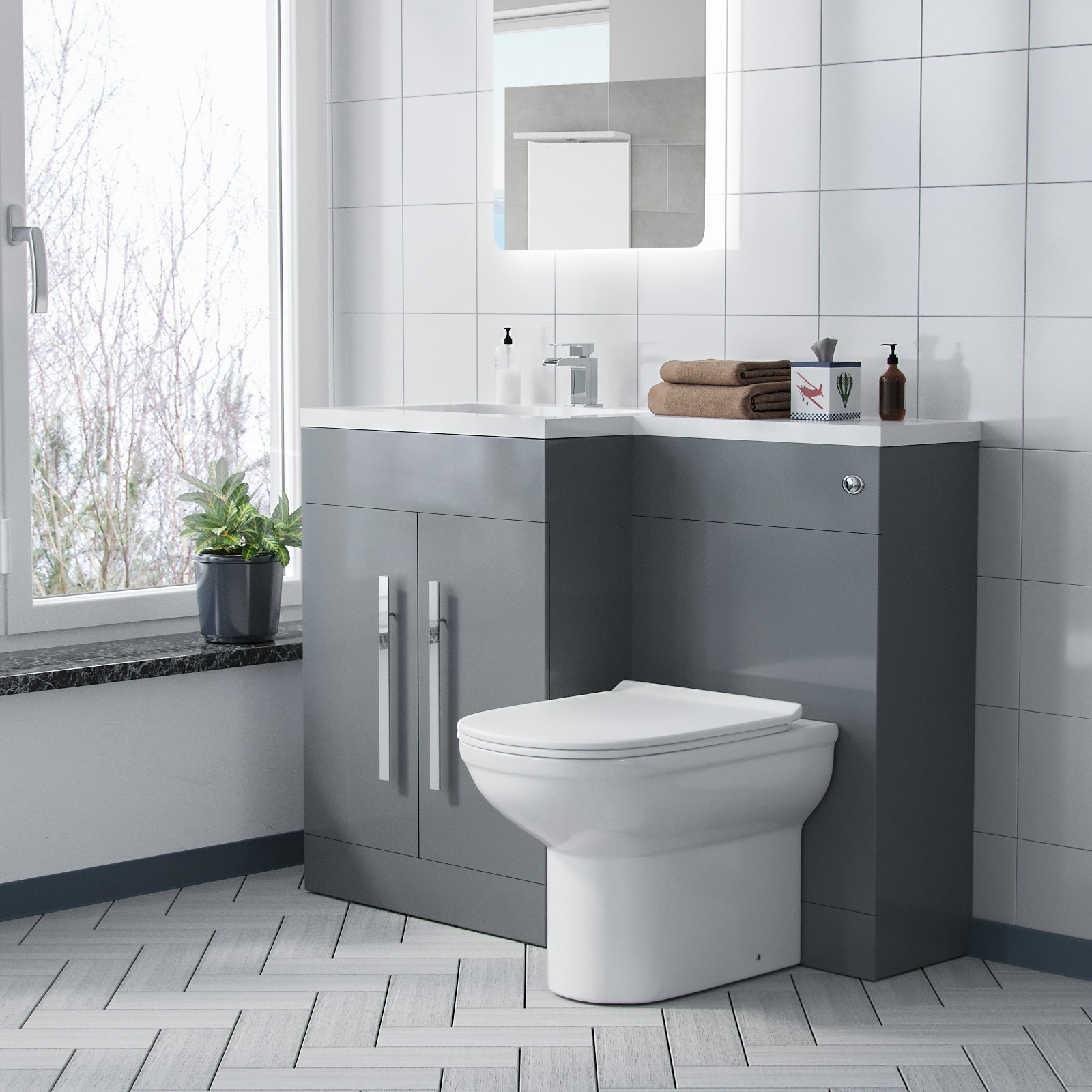 Aric RH 1100mm Flat Pack Vanity Basin Unit, WC Unit & Elso Back To Wall Toilet Grey