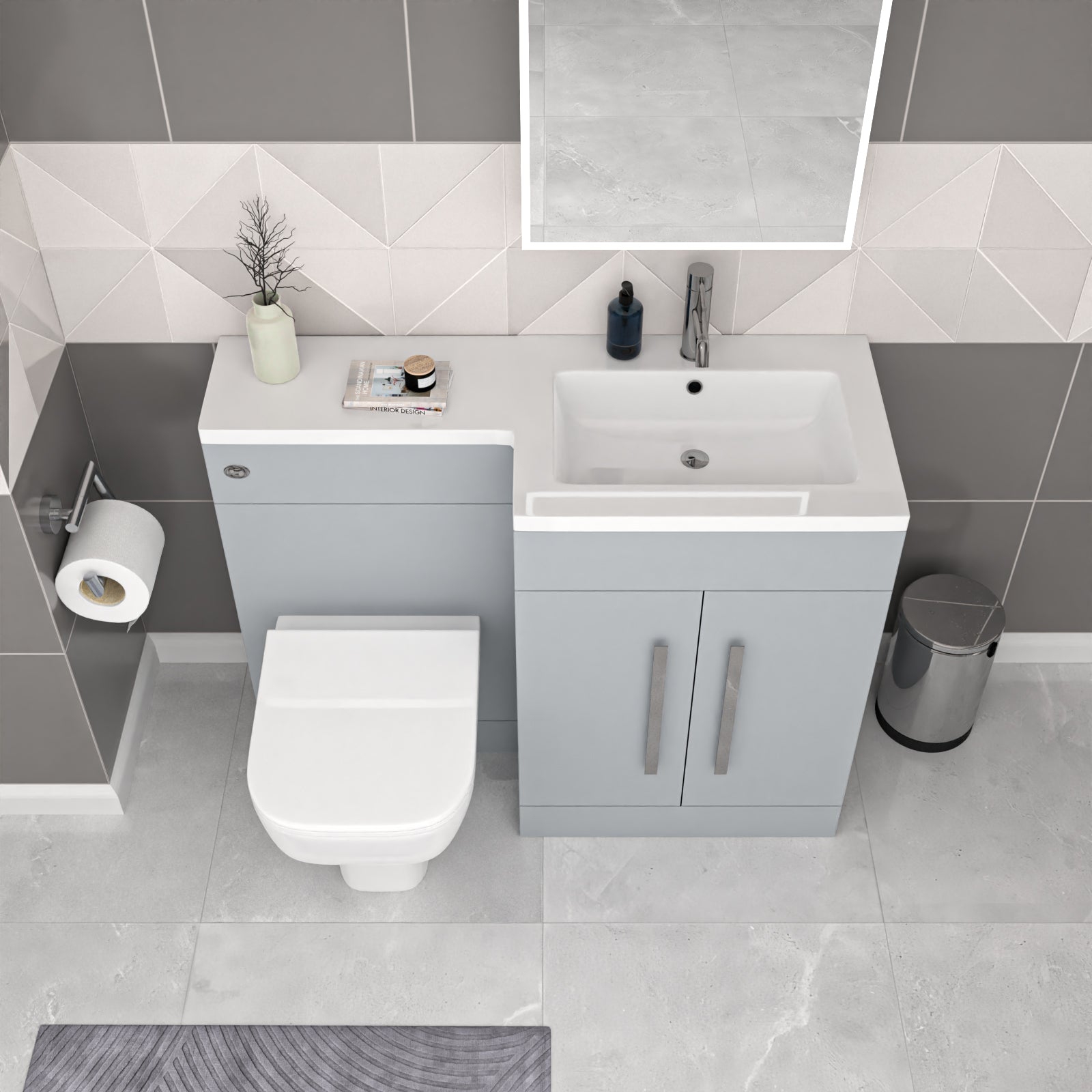 Aric Matte Grey RH Vanity Cabinet Basin Sink 1100mm & Rimless BTW WC Toilet Flat Pack