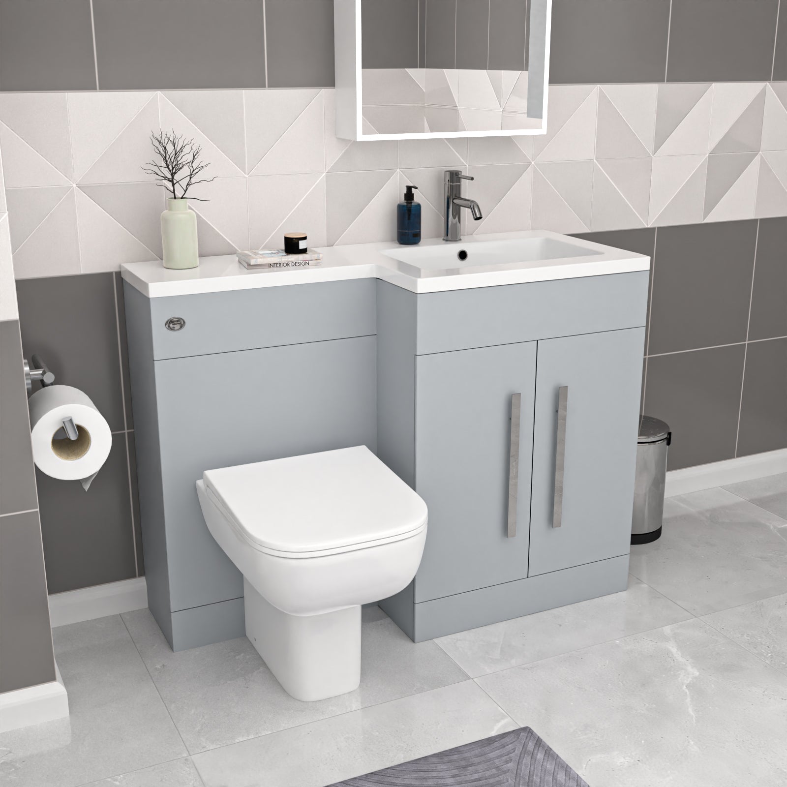 Aric Matte Grey RH Vanity Cabinet Basin Sink 1100mm & Rimless BTW WC Toilet Flat Pack