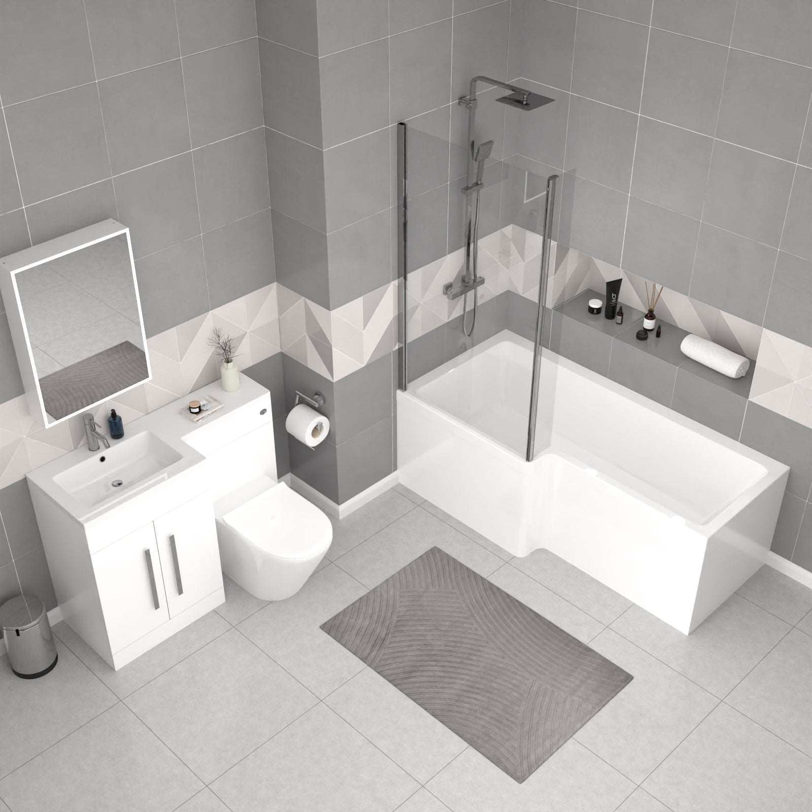 Aric White 1700mm LH Bath With Screen, Basin Vanity Unit & Modern BTW Toilet Suite