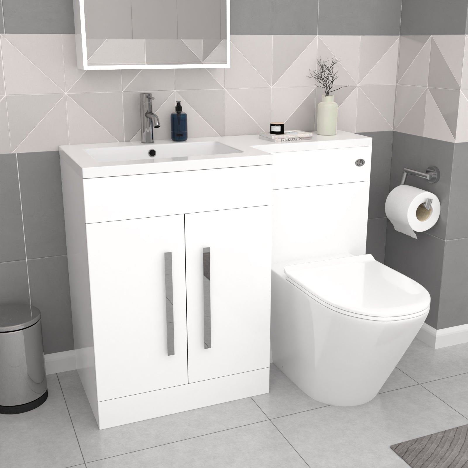 Aric White 1700mm LH Bath With Screen, Basin Vanity Unit & Modern BTW Toilet Suite