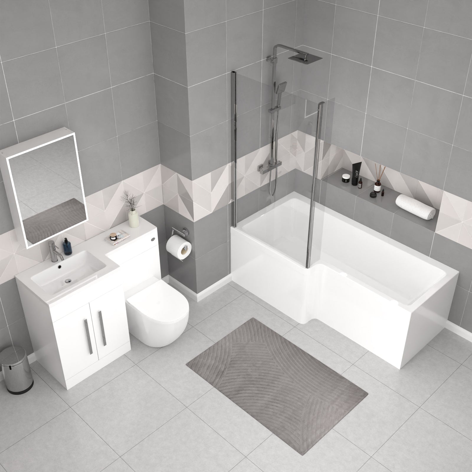 Aric White 1700mm LH Bath With Screen, Basin Vanity Unit & BTW Toilet Suite