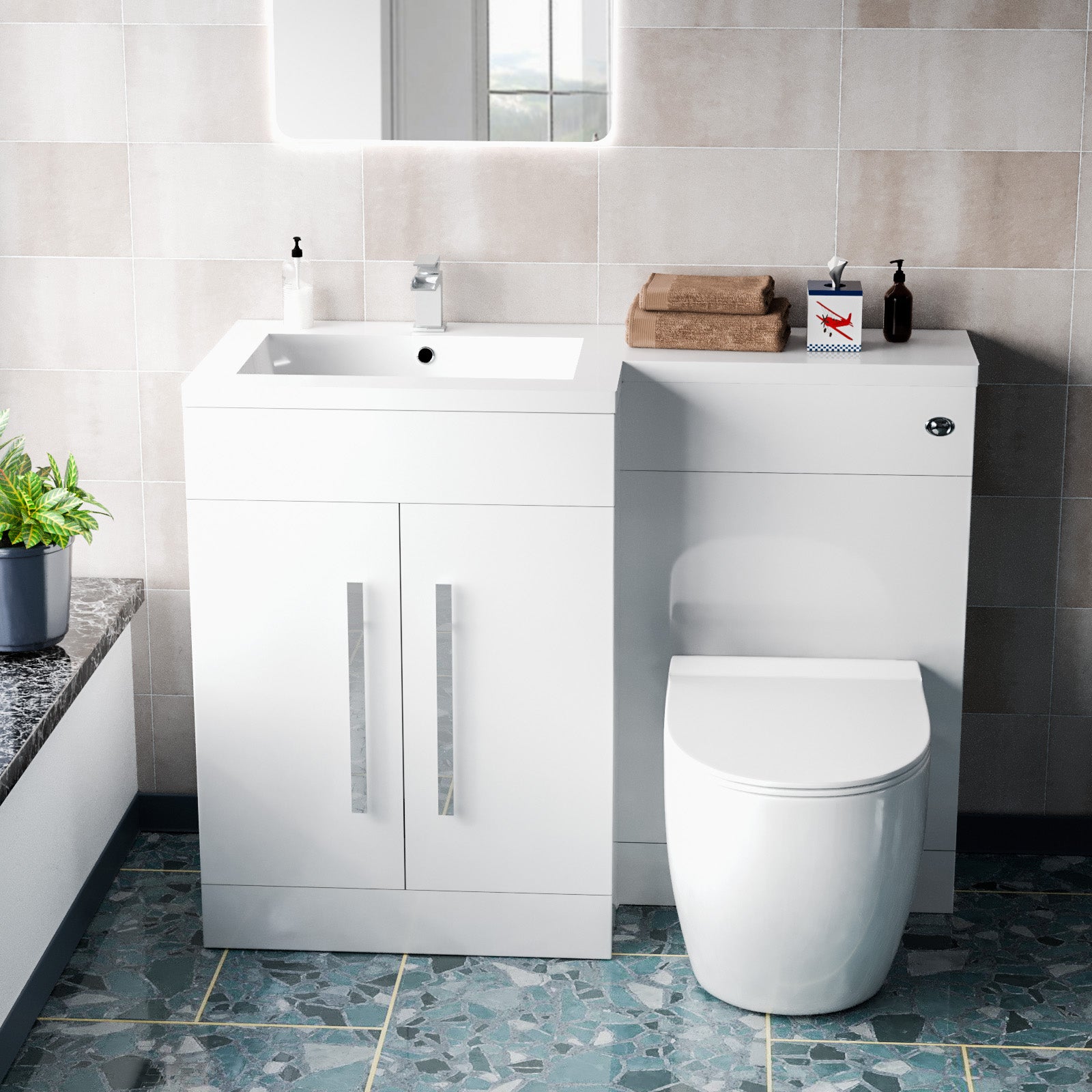 Aric White Flat Pack Left Hand Vanity Unit with Basin , Rimless BTW Toilet, WC Unit