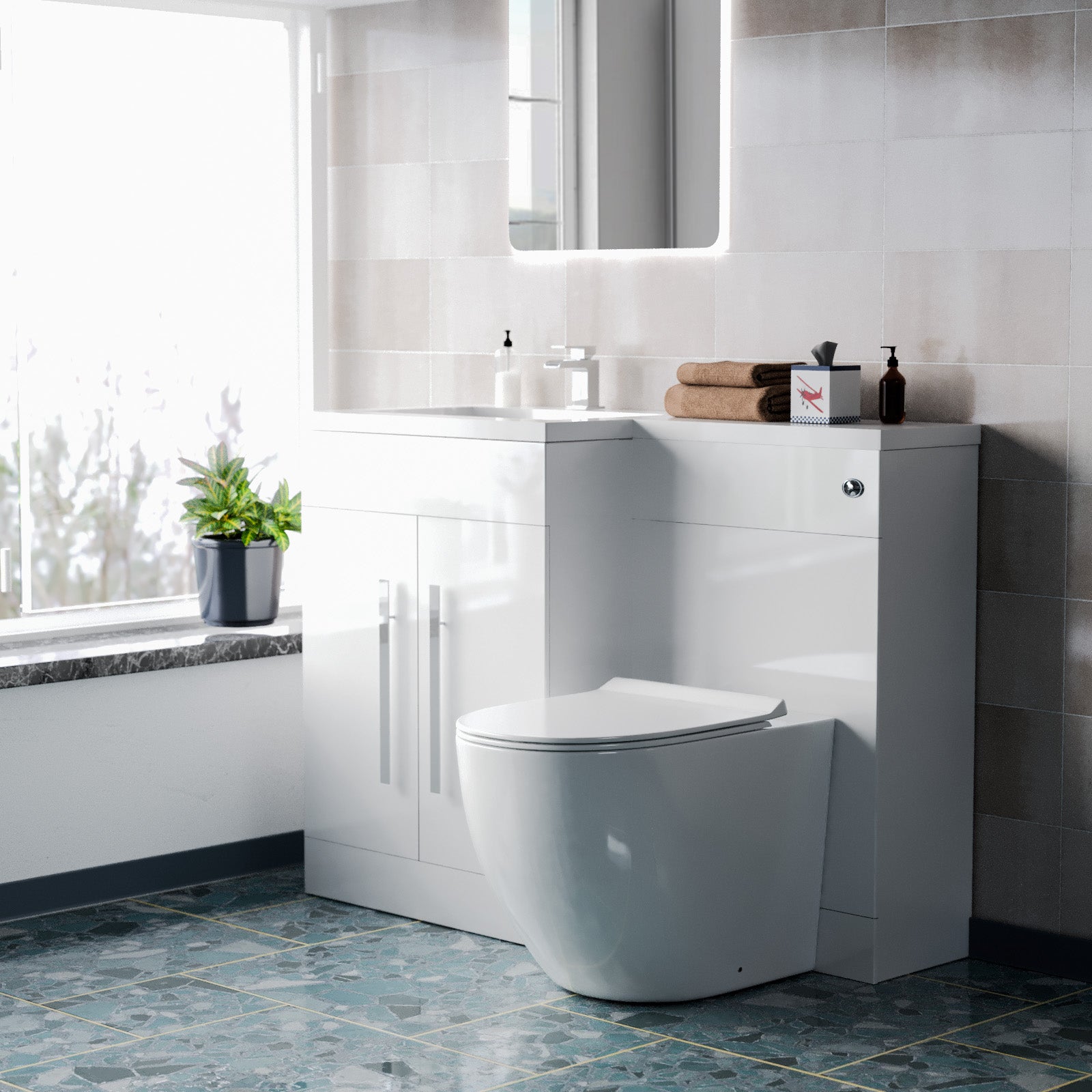 Aric White Left Hand Vanity Basin Unit, WC and Back To Wall Toilet