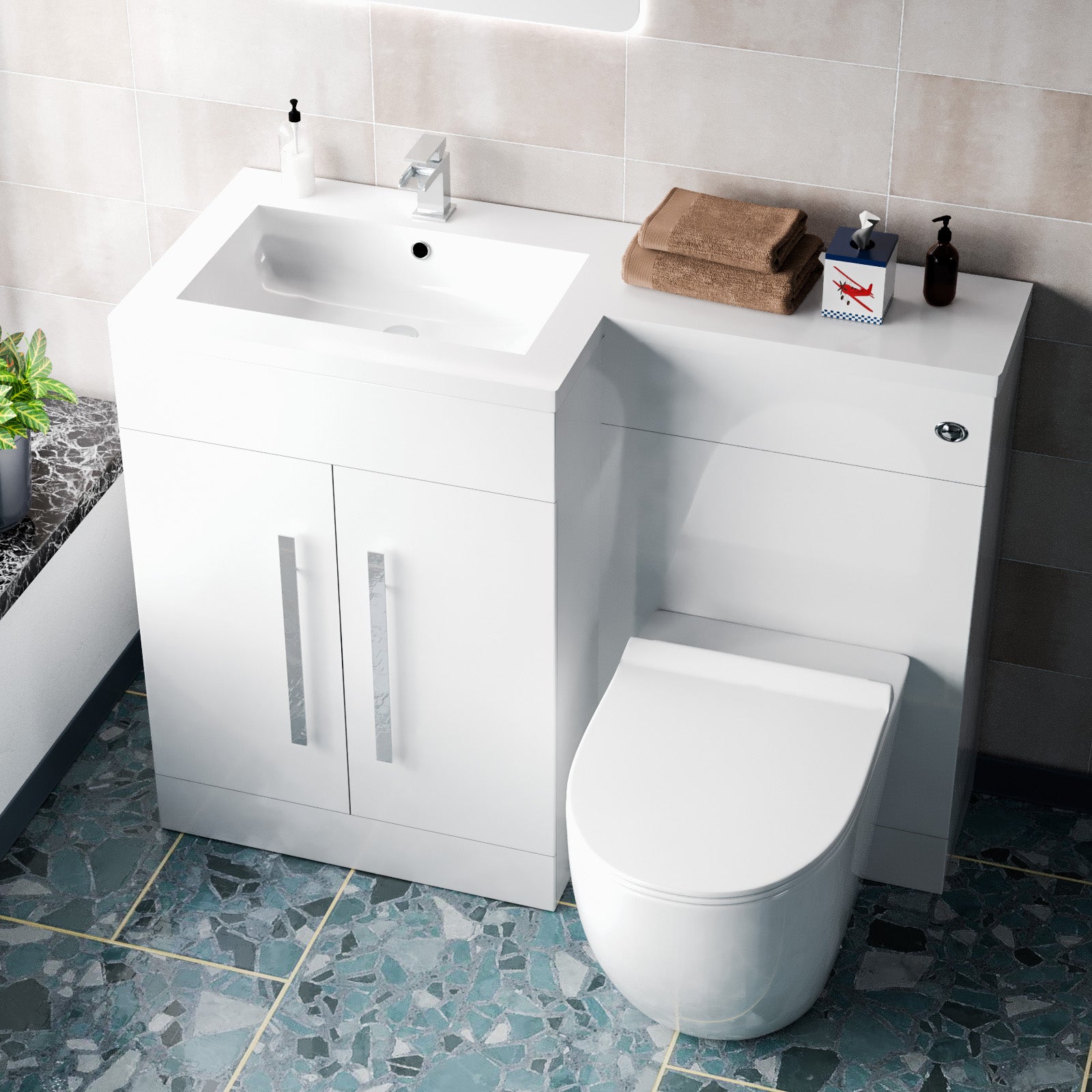 Aric White Flat Pack Left Hand Vanity Unit with Basin , Rimless BTW Toilet, WC Unit