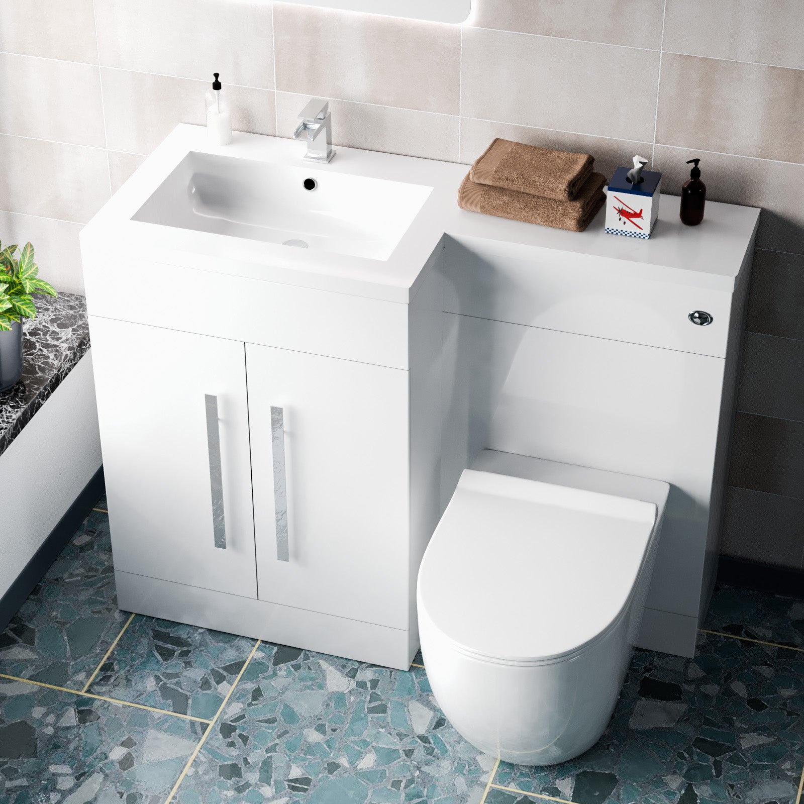 Aric White Left Hand Vanity Basin Unit, WC and Back To Wall Toilet