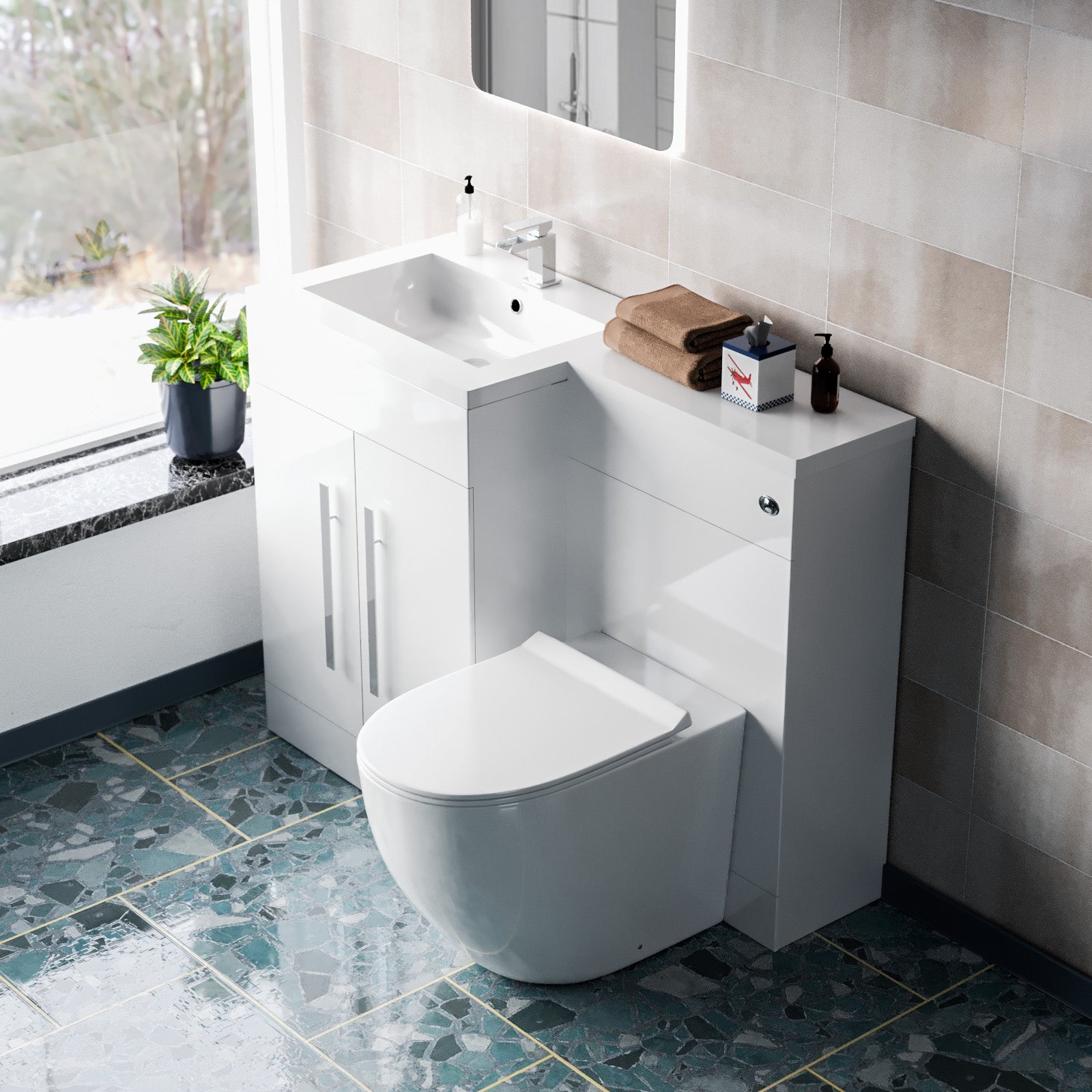 Aric White Left Hand Vanity Basin Unit, WC and Back To Wall Toilet