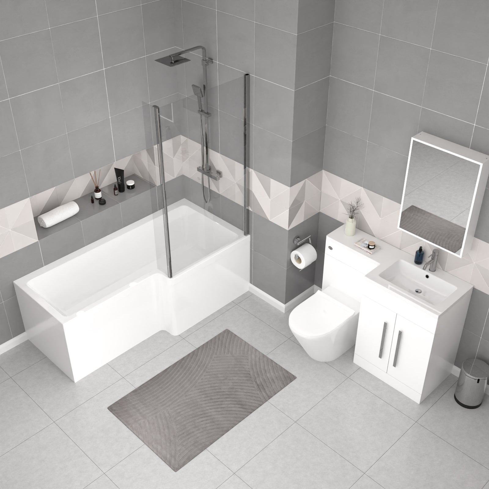 Aric White 1700mm RH Bath With Screen, Basin Vanity Unit & Modern BTW Toilet Suite