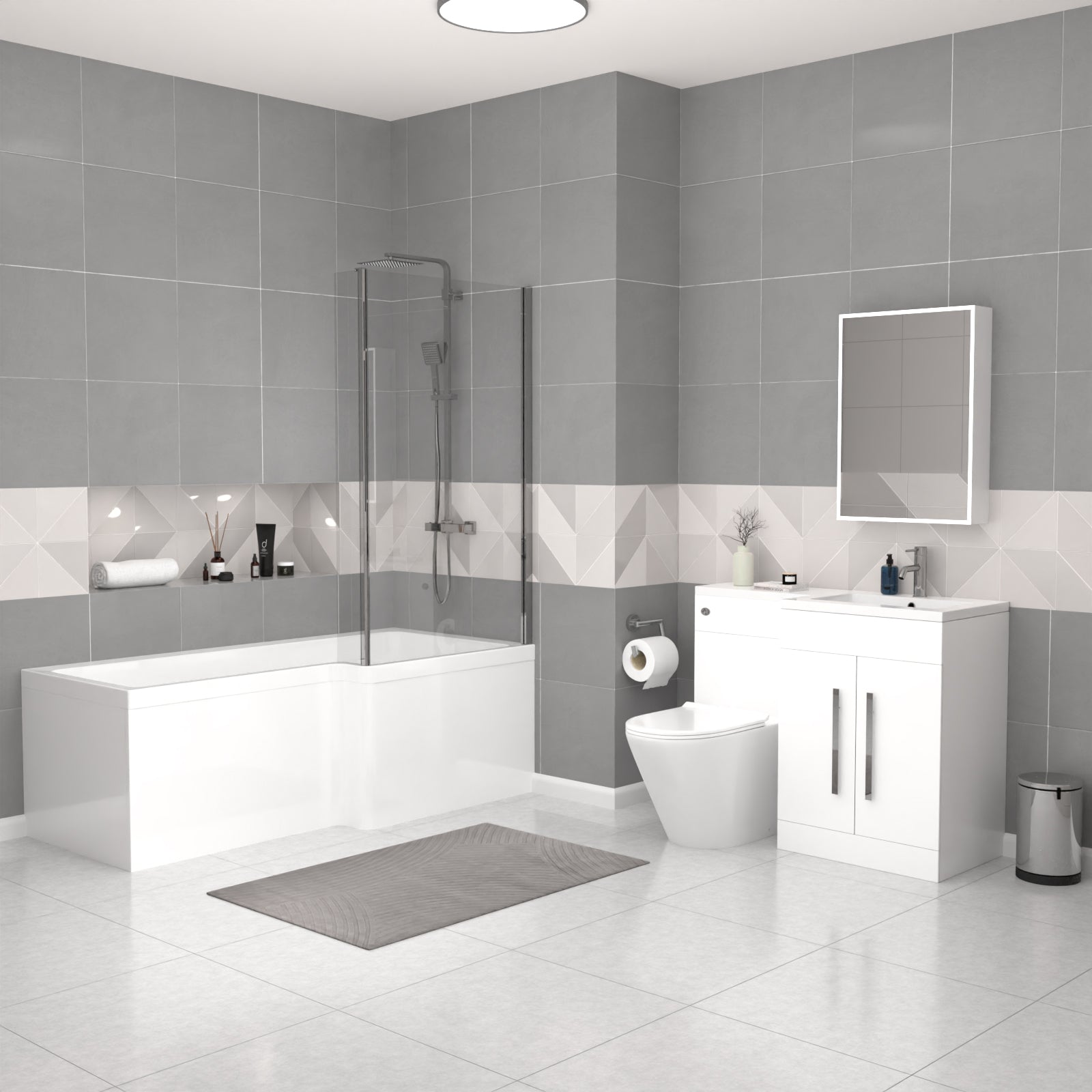 Aric White 1700mm RH Bath With Screen, Basin Vanity Unit & Modern BTW Toilet Suite