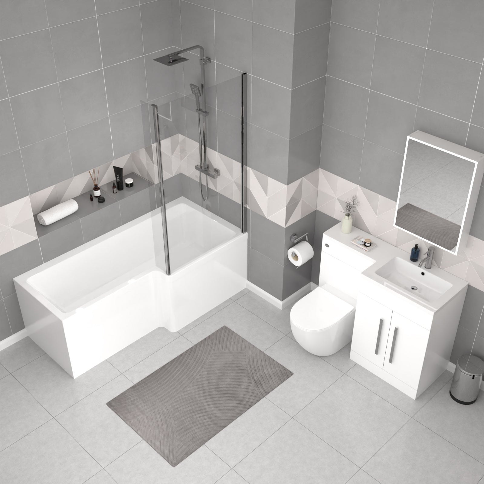 Aric White 1700mm RH Bath With Screen, Basin Vanity Unit & BTW Toilet Suite