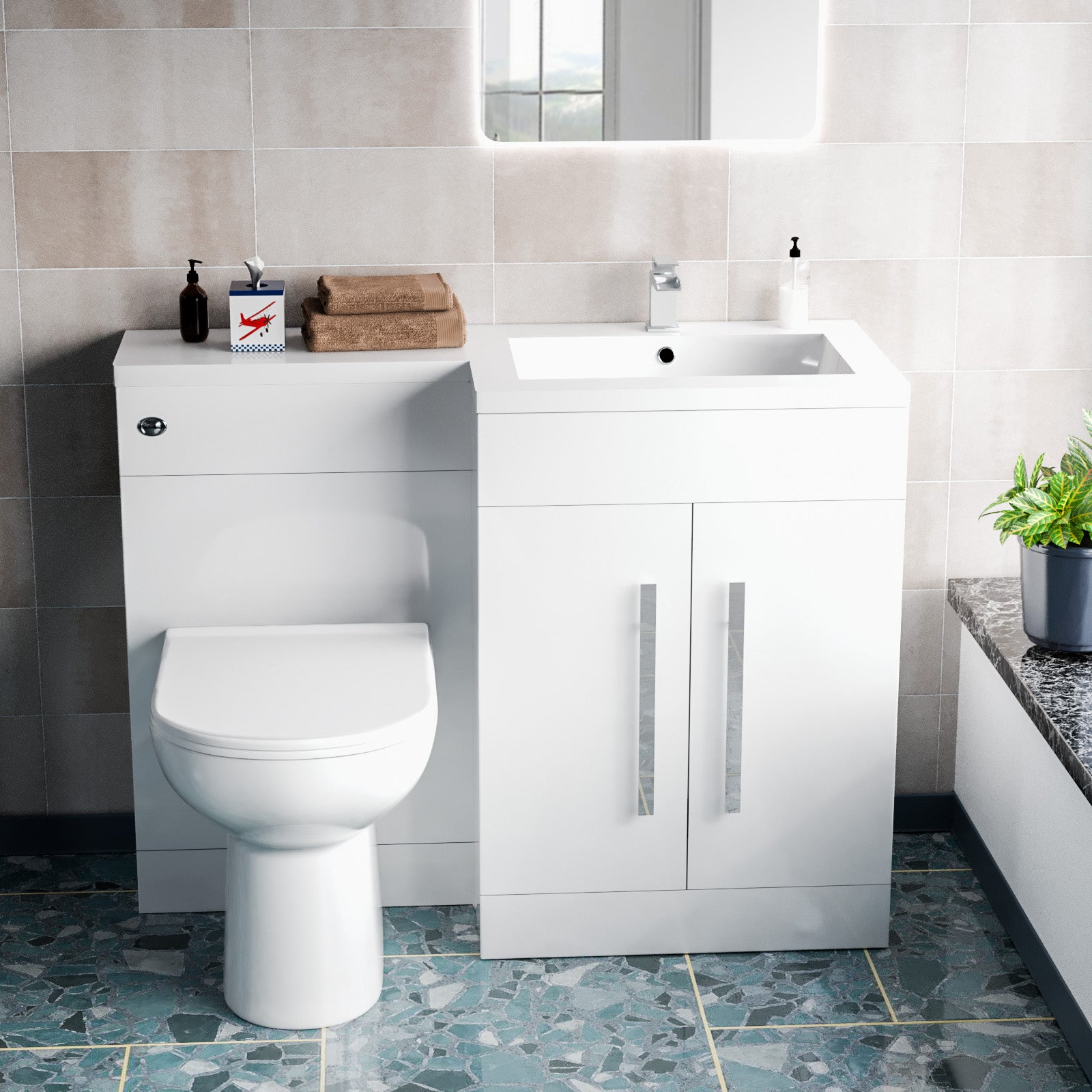 Aric 1100mm RH Freestanding Vanity Back To Wall Toilet, WC Basin White