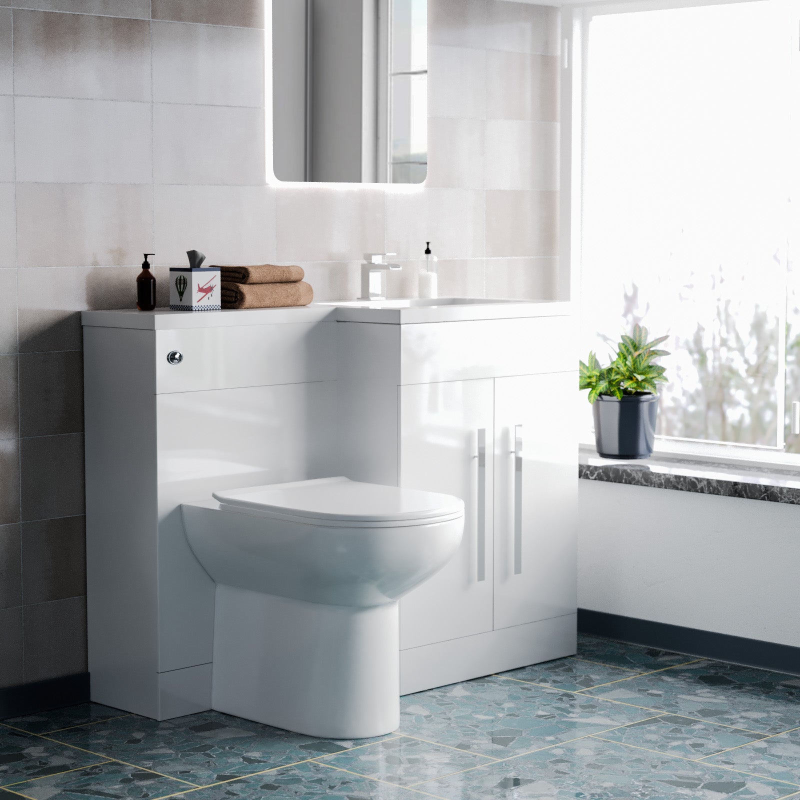 Aric 1100mm RH Freestanding Vanity Back To Wall Toilet, WC Basin White