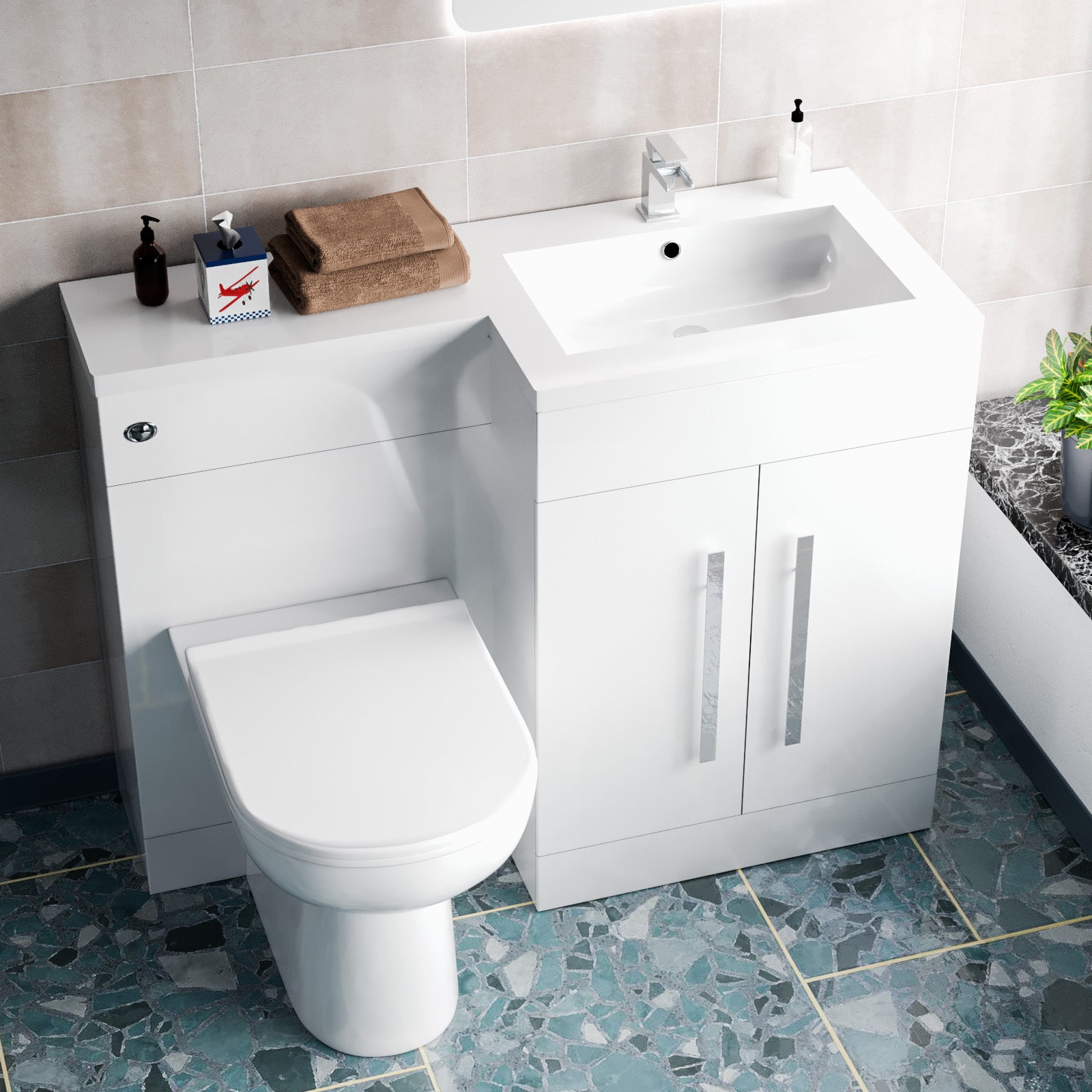 Aric 1100mm RH Freestanding Vanity Back To Wall Toilet, WC Basin White