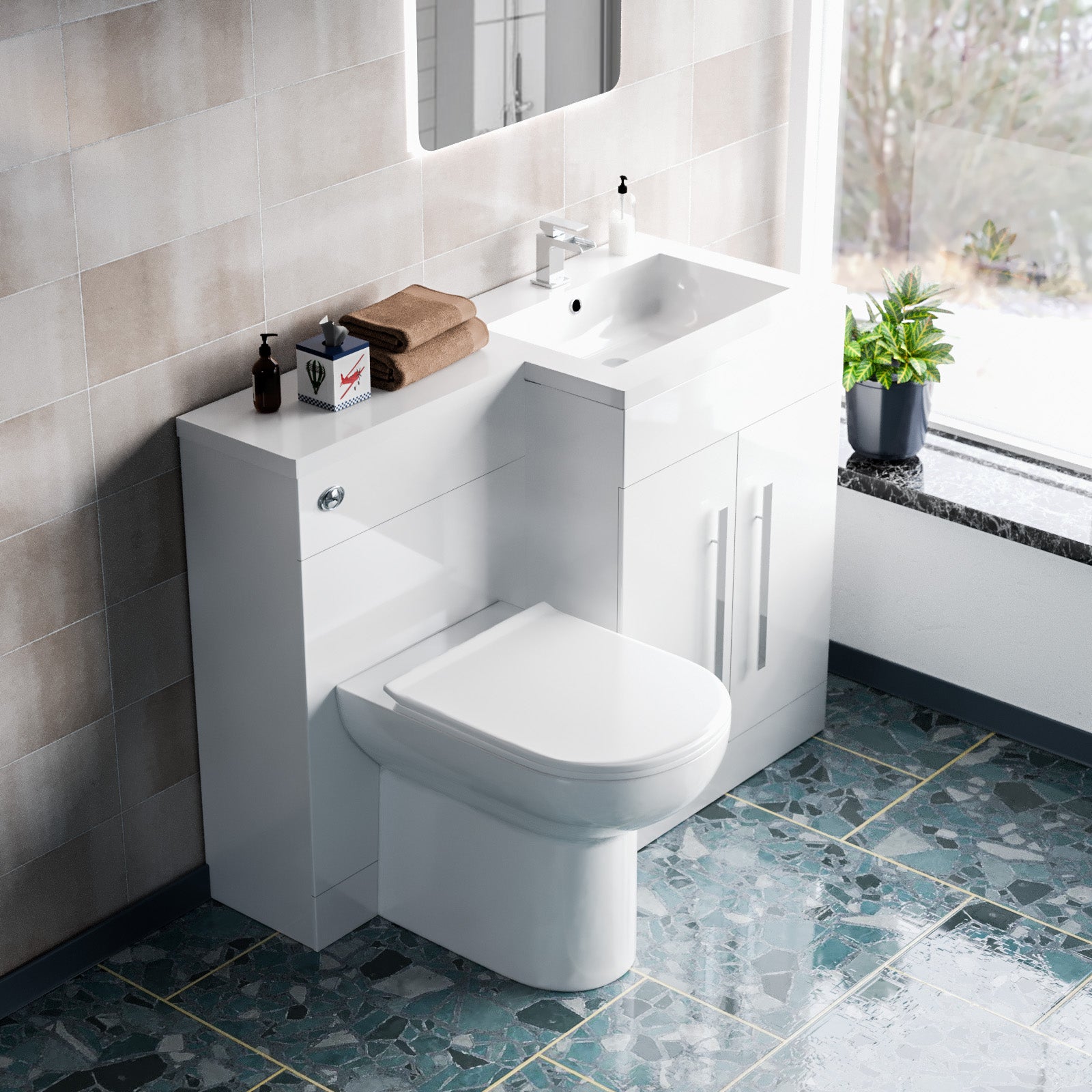 Aric 1100mm RH Freestanding Vanity Back To Wall Toilet, WC Basin White