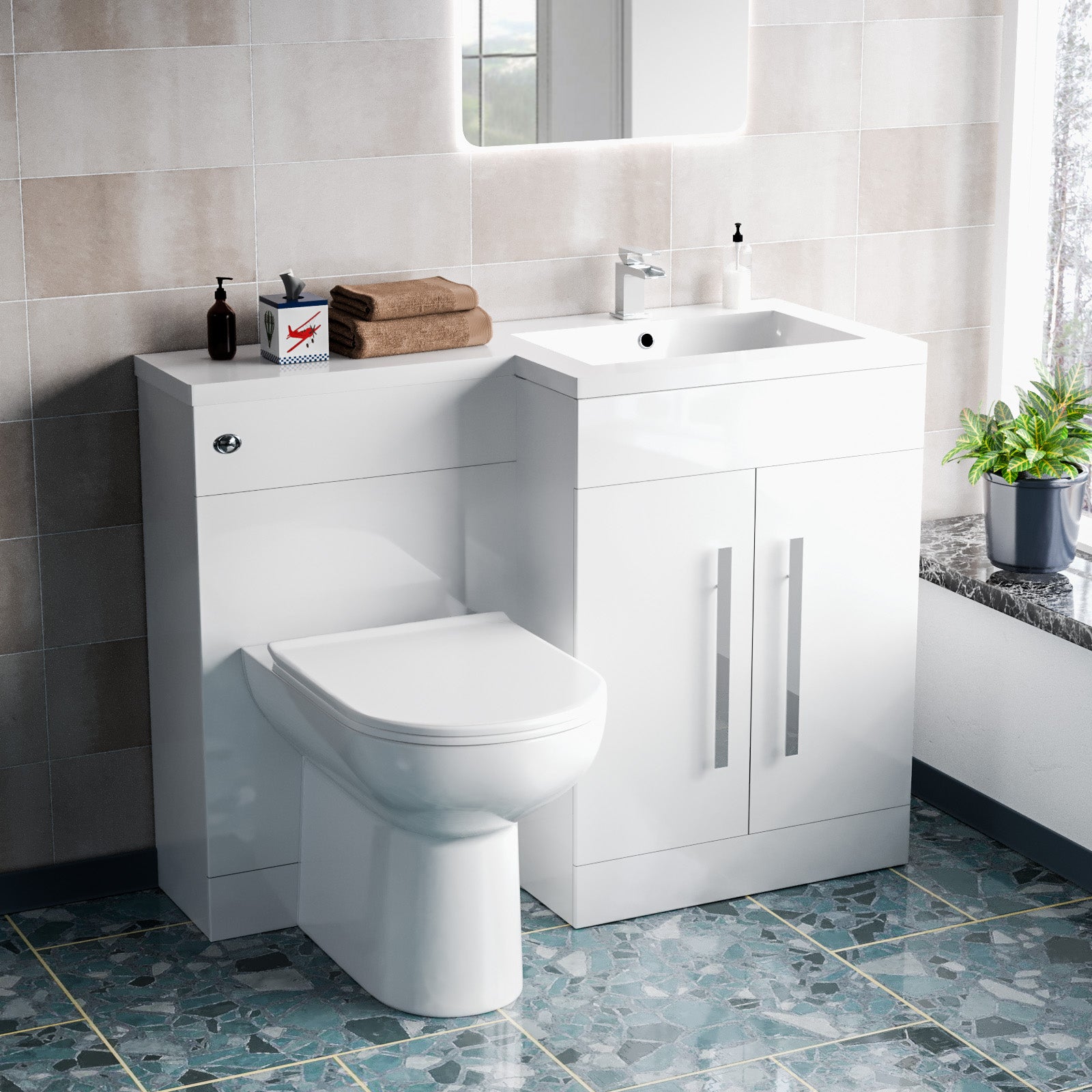 Aric 1100mm RH Freestanding Vanity Back To Wall Toilet, WC Basin White