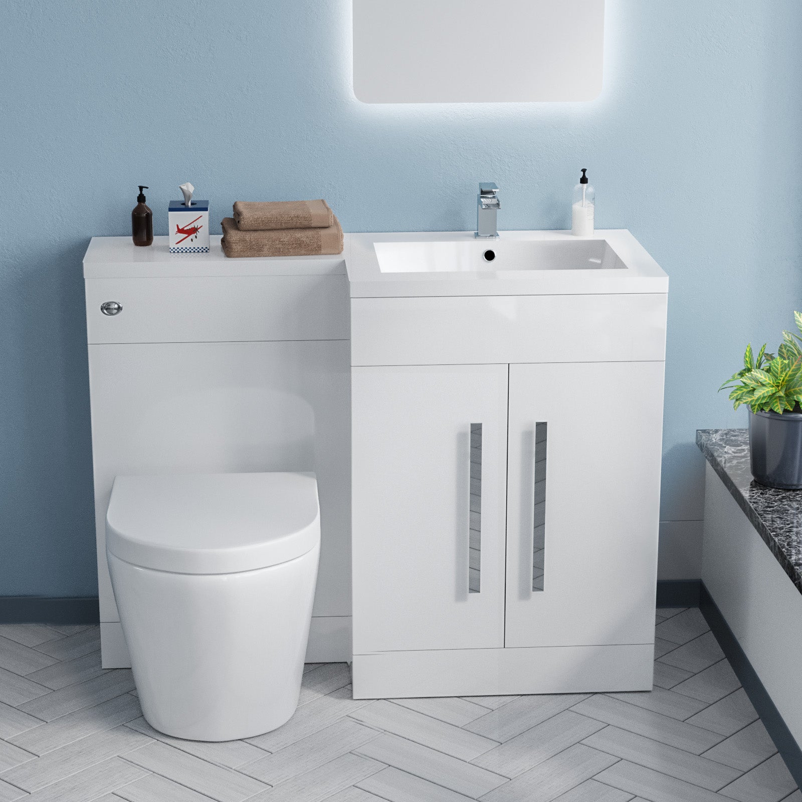 Aric 1100mm Vanity Basin Unit, WC Unit & Eddy Rimless Back To Wall Toilet White