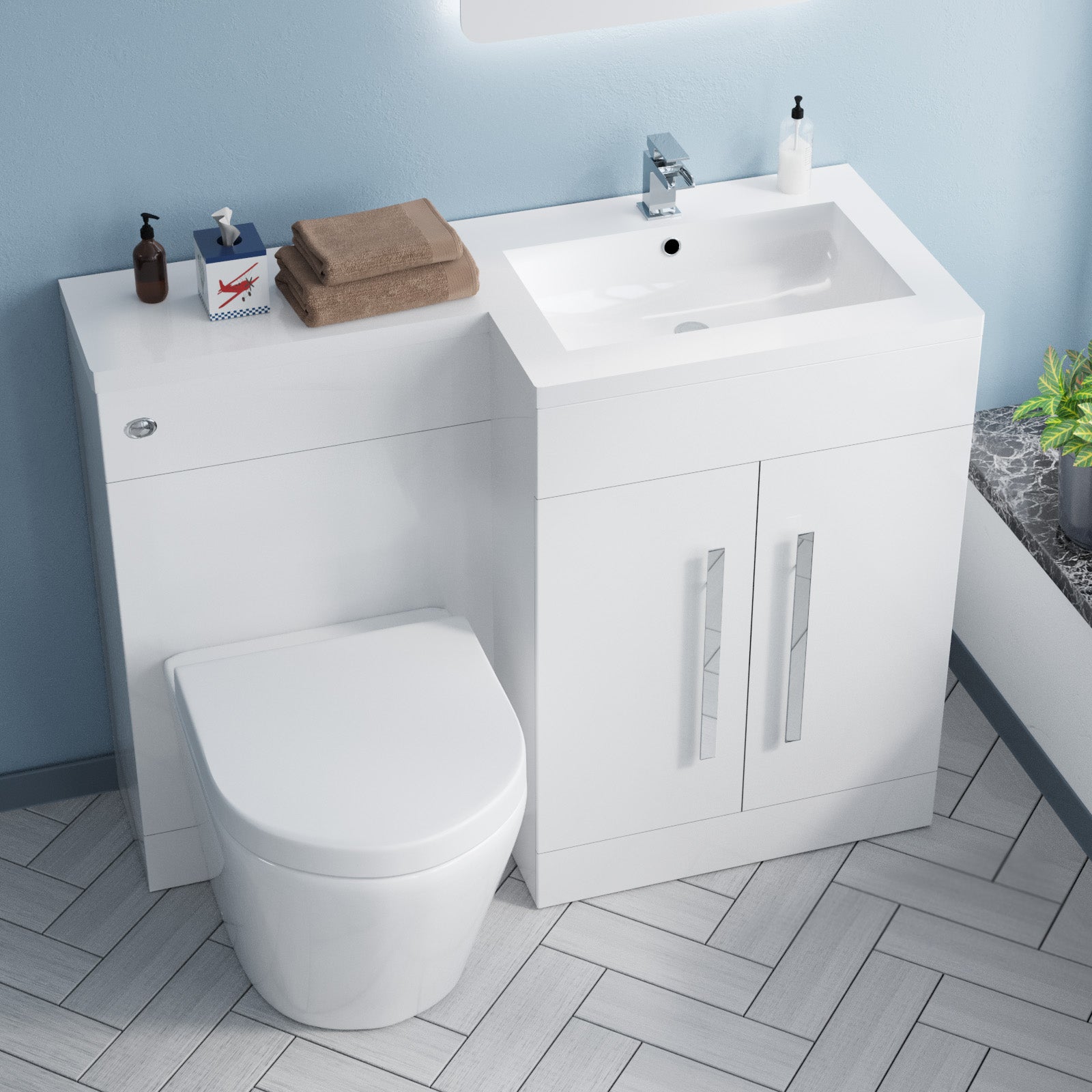 Aric 1100mm Vanity Basin Unit, WC Unit & Eddy Rimless Back To Wall Toilet White