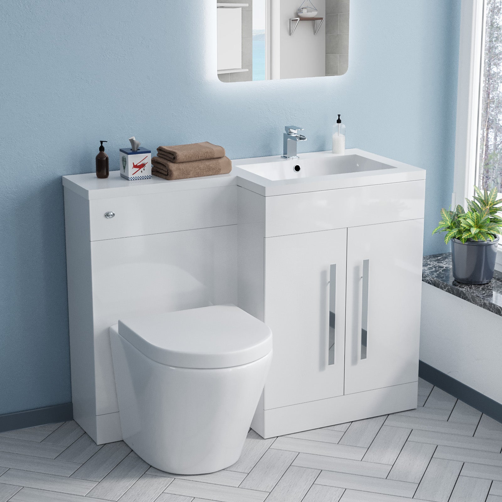 Aric 1100mm Vanity Basin Unit, WC Unit & Eddy Rimless Back To Wall Toilet White